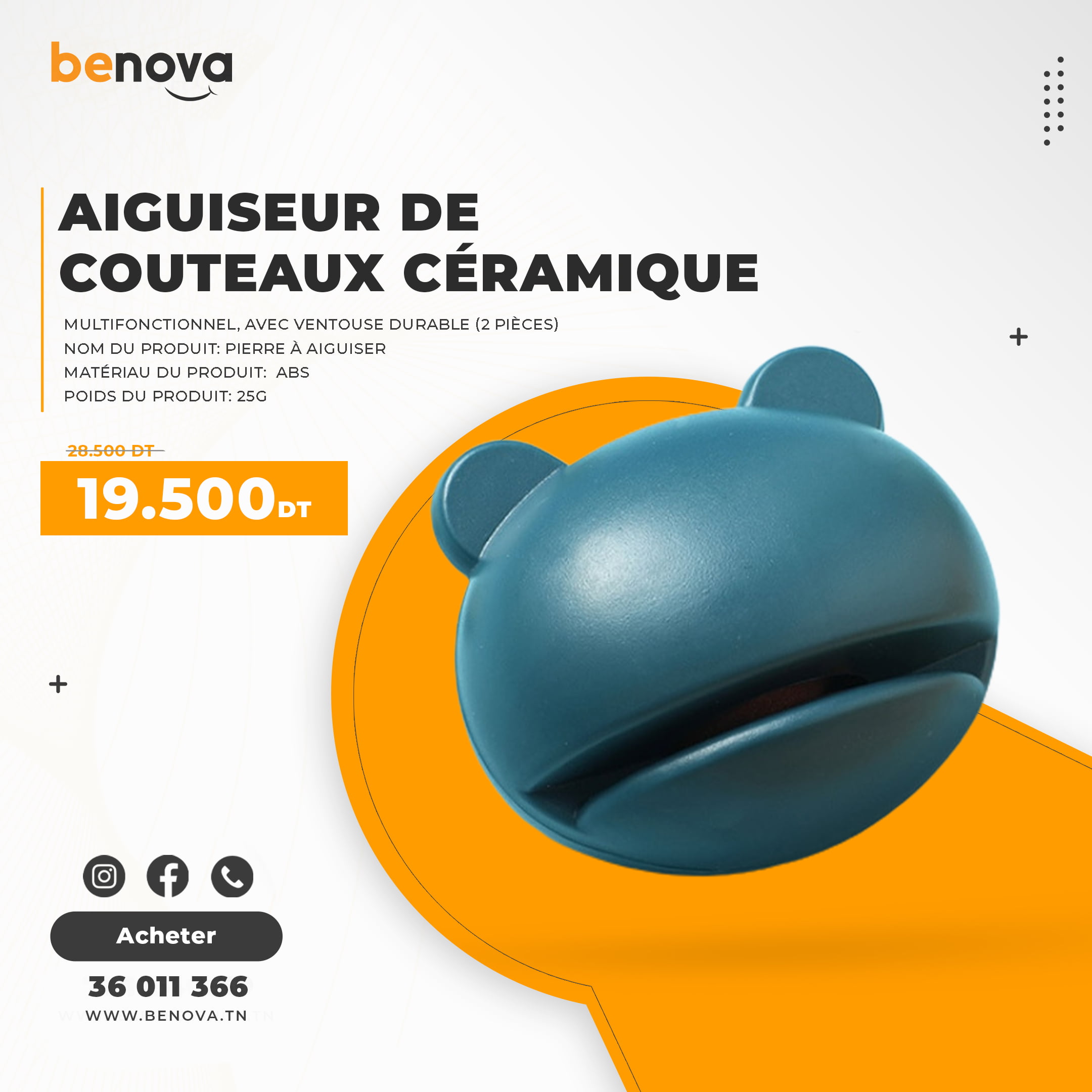 Aiguiseur de couteaux céramique multifonctionnel, Avec Ventouse durable (2 pièces)