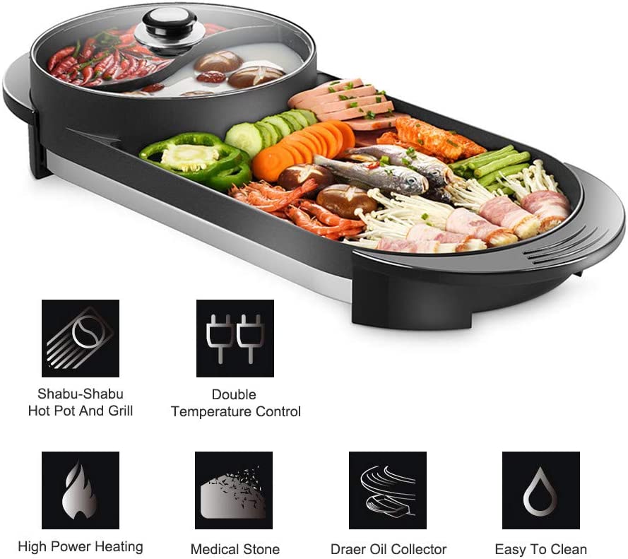 2 en 1 Grill électrique de barbecue multifonctionnel 1,6 L, antiadhésive et de grande capacité – Économique