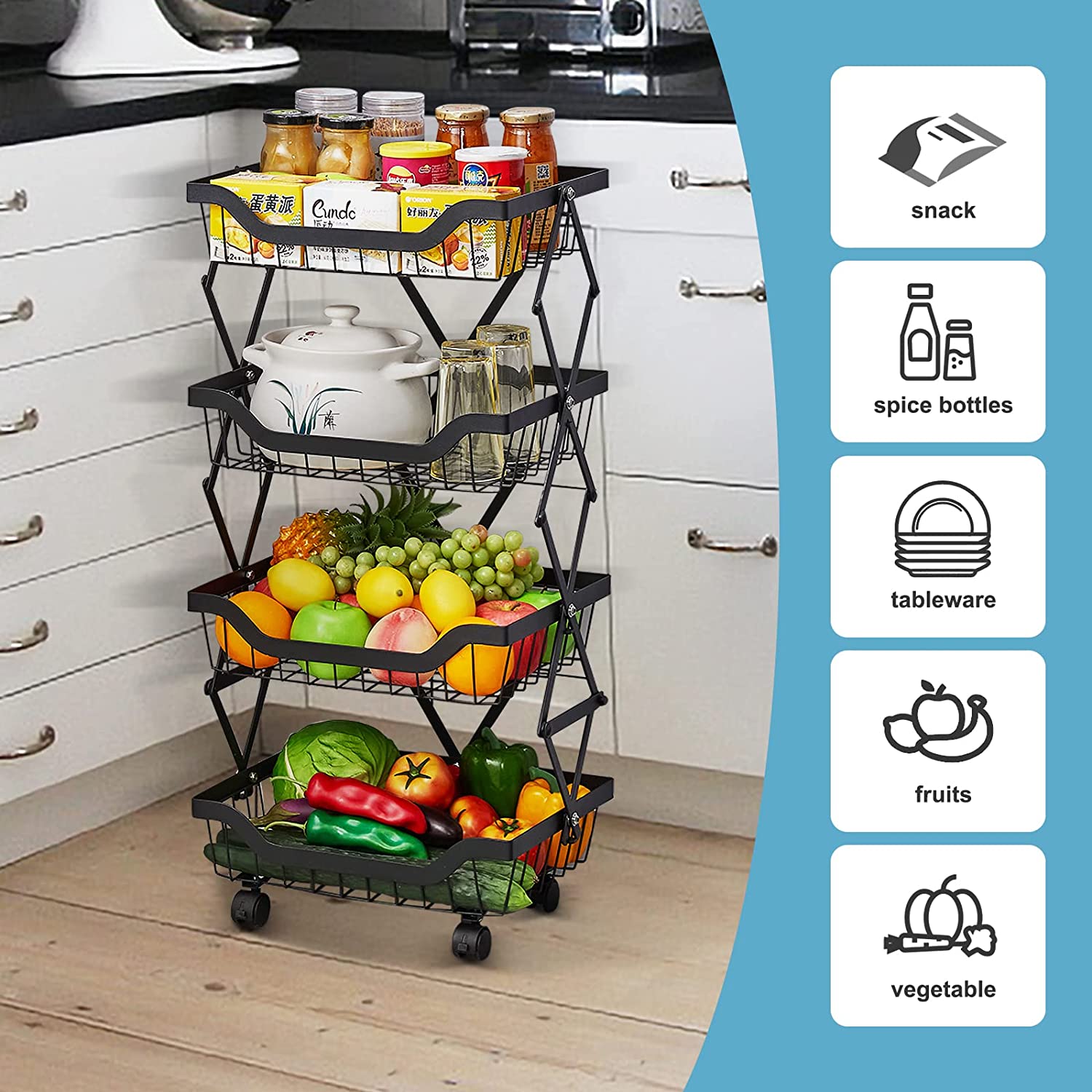 Étagère de rangement pliable multifonction en acier inoxydable à niveaux avec roulettes. Tenir 100kg