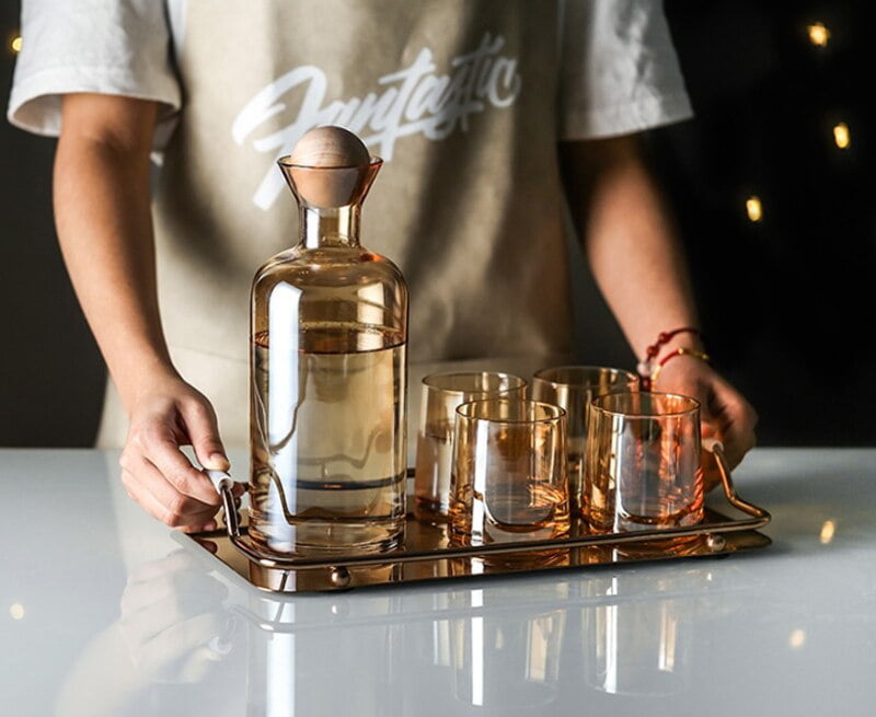 Service de Bouilloire à eau et jus 1l avec 6 verres et couvercle en bois