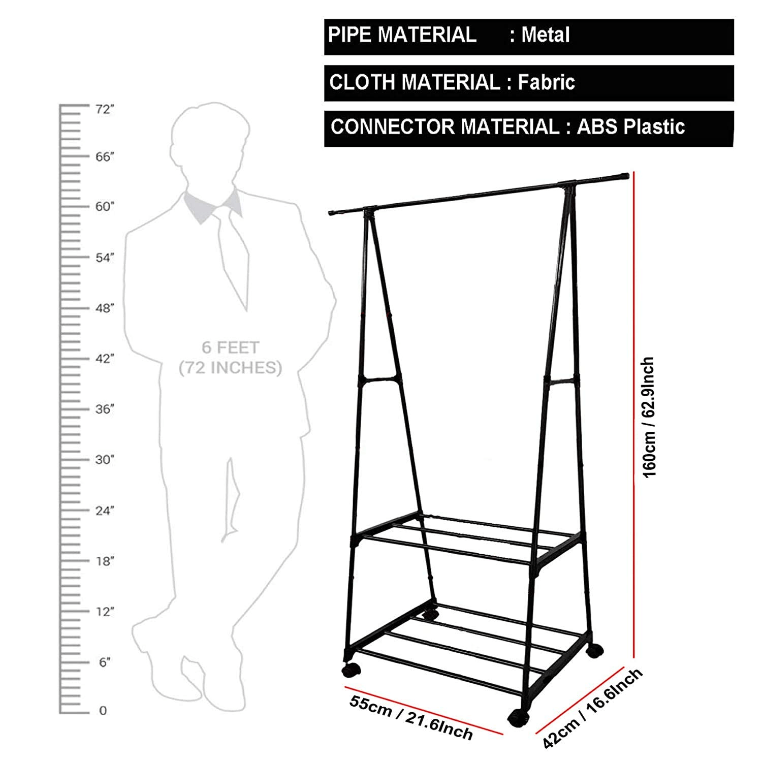 Porte-manteaux, porte-vêtements à roulettes en métal avec étagère et roues verrouillables