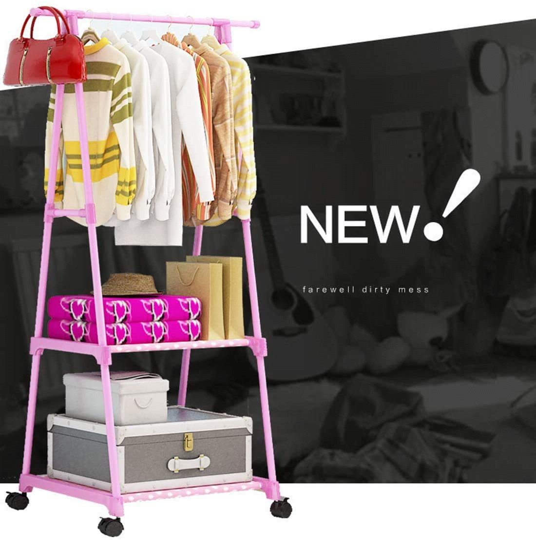 Porte-manteaux, porte-vêtements à roulettes en métal avec étagère et roues verrouillables