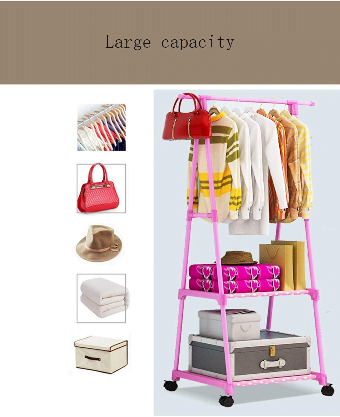 Porte-manteaux, porte-vêtements à roulettes en métal avec étagère et roues verrouillables