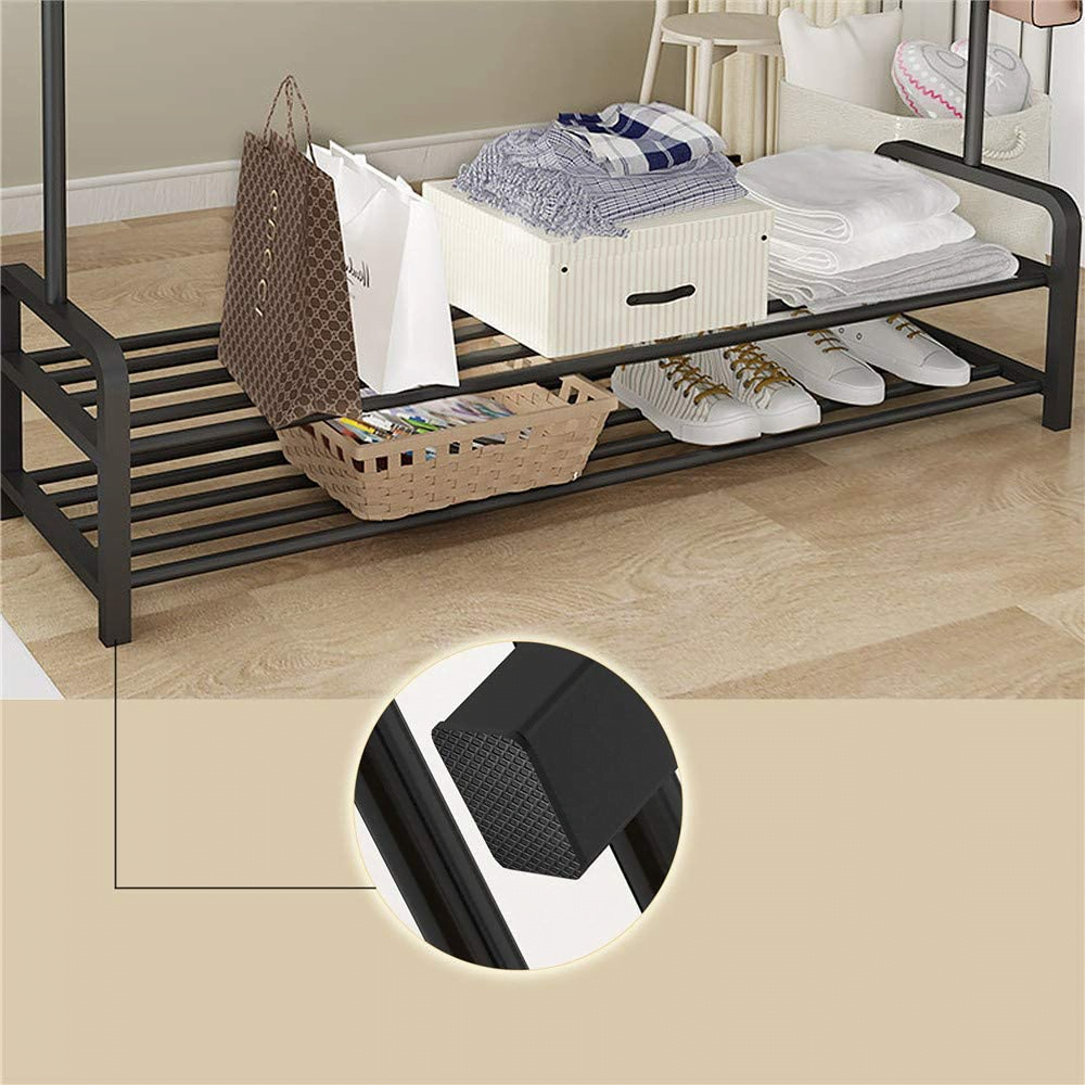 3 en 1 Support à vêtements, chaussures en métal avec étagère de rangement inférieure , 6 crochets charge > 25kg