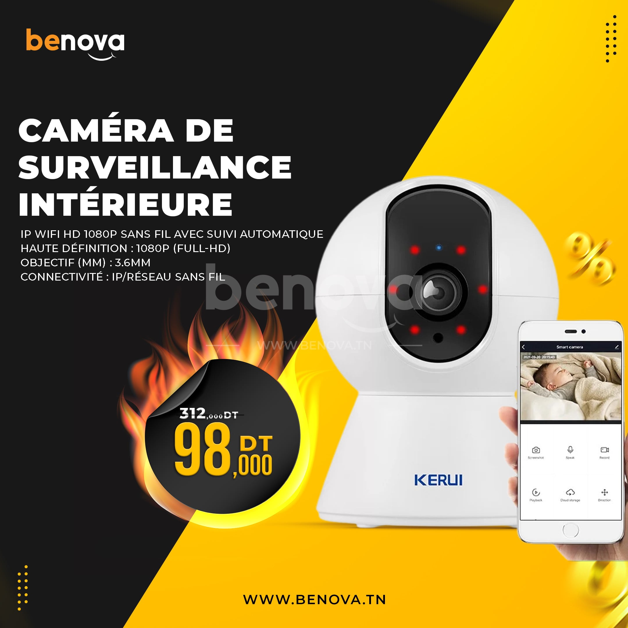 KERUI – Caméra de Surveillance intérieure IP Wifi HD 1080P sans fil avec suivi automatique et Vision nocturne