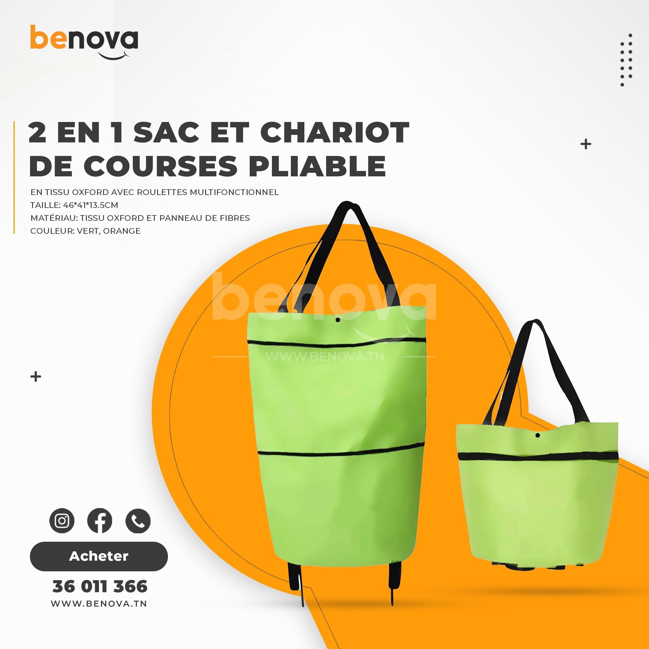 2 en 1 Sac et chariot de courses grande pliable en tissu Oxford avec roulettes multifonctionnel