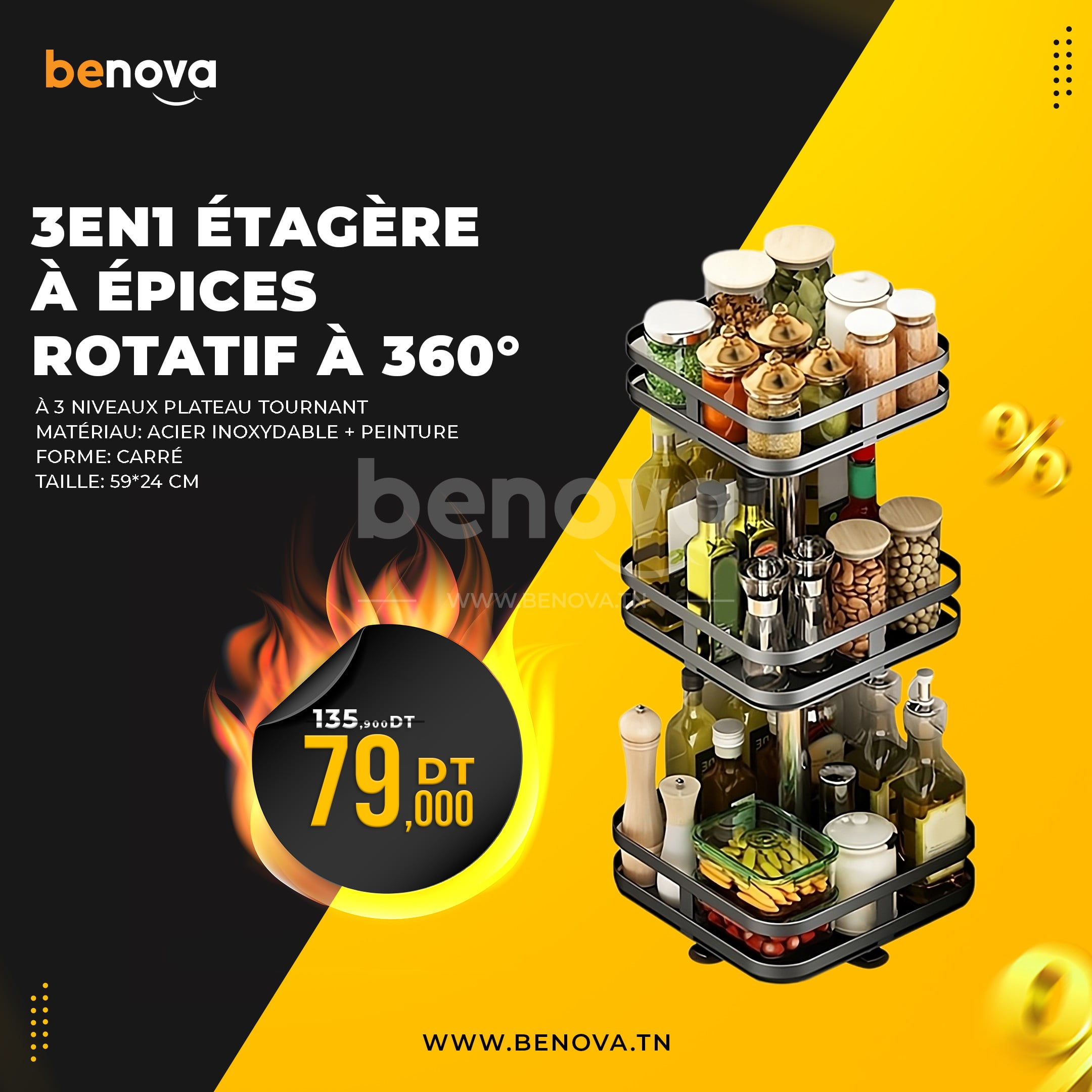 Étagère à épices rotatif à 360° à 3 niveaux plateau tournant en acier inoxydable pour Cuisine et Salle de Bain