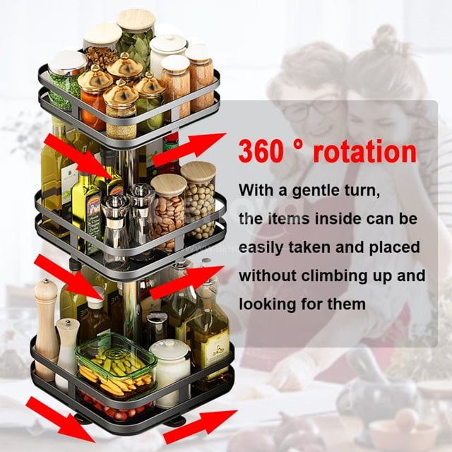 Étagère à épices rotatif à 360° à 3 niveaux plateau tournant en acier inoxydable pour Cuisine et Salle de Bain