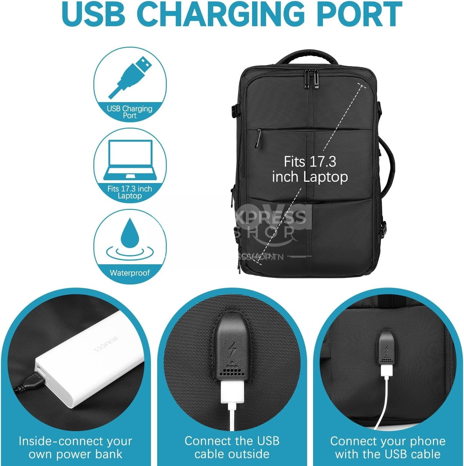 Venture - 4en1 Sac à dos 45L extensible de grande d'ordinateur étanches unisexe chargement USB 17 pouces