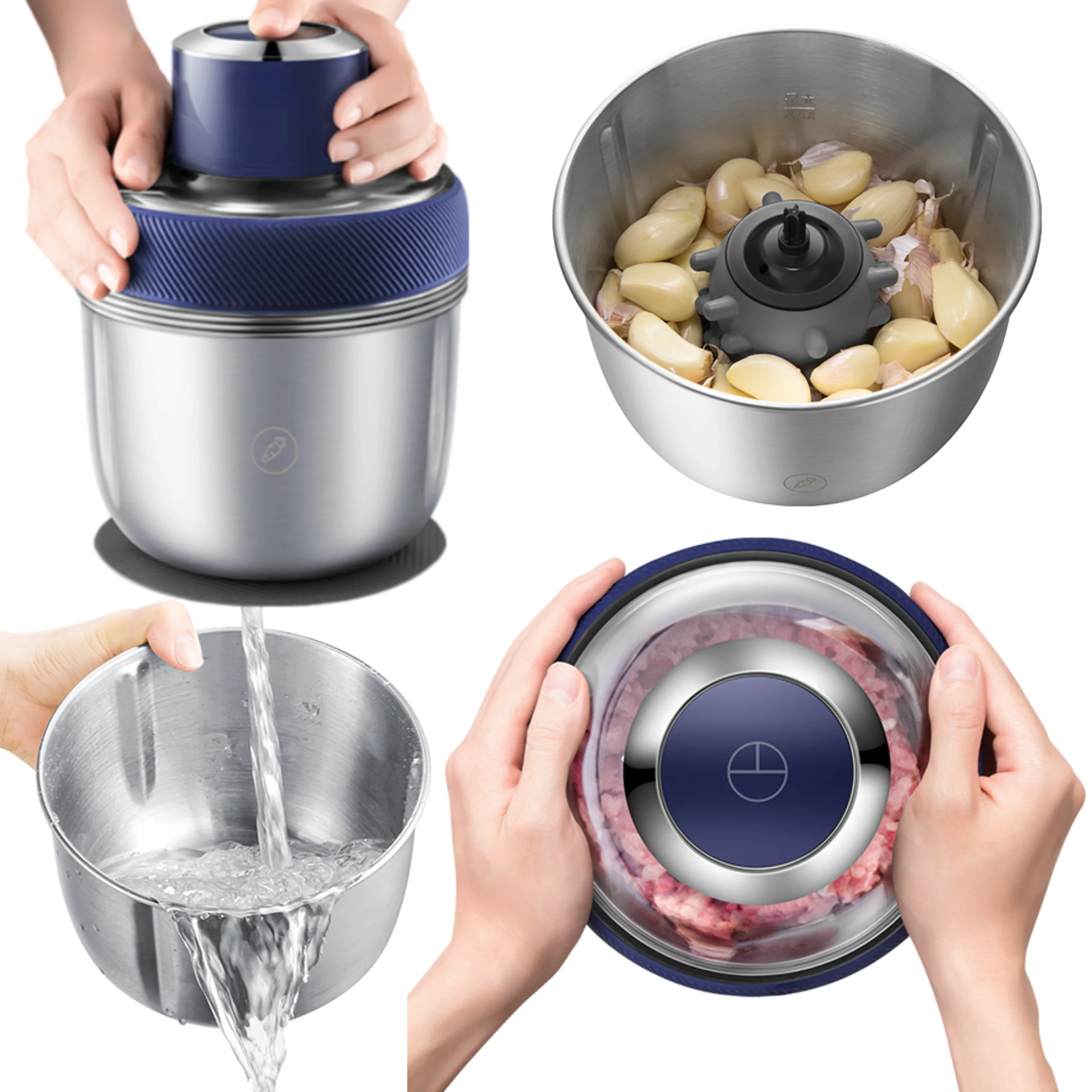 Blitz - 4 en 1 Hachoir Électrique Multifonction avec 2 Bols en Acier Inoxydable et éplucheur ail