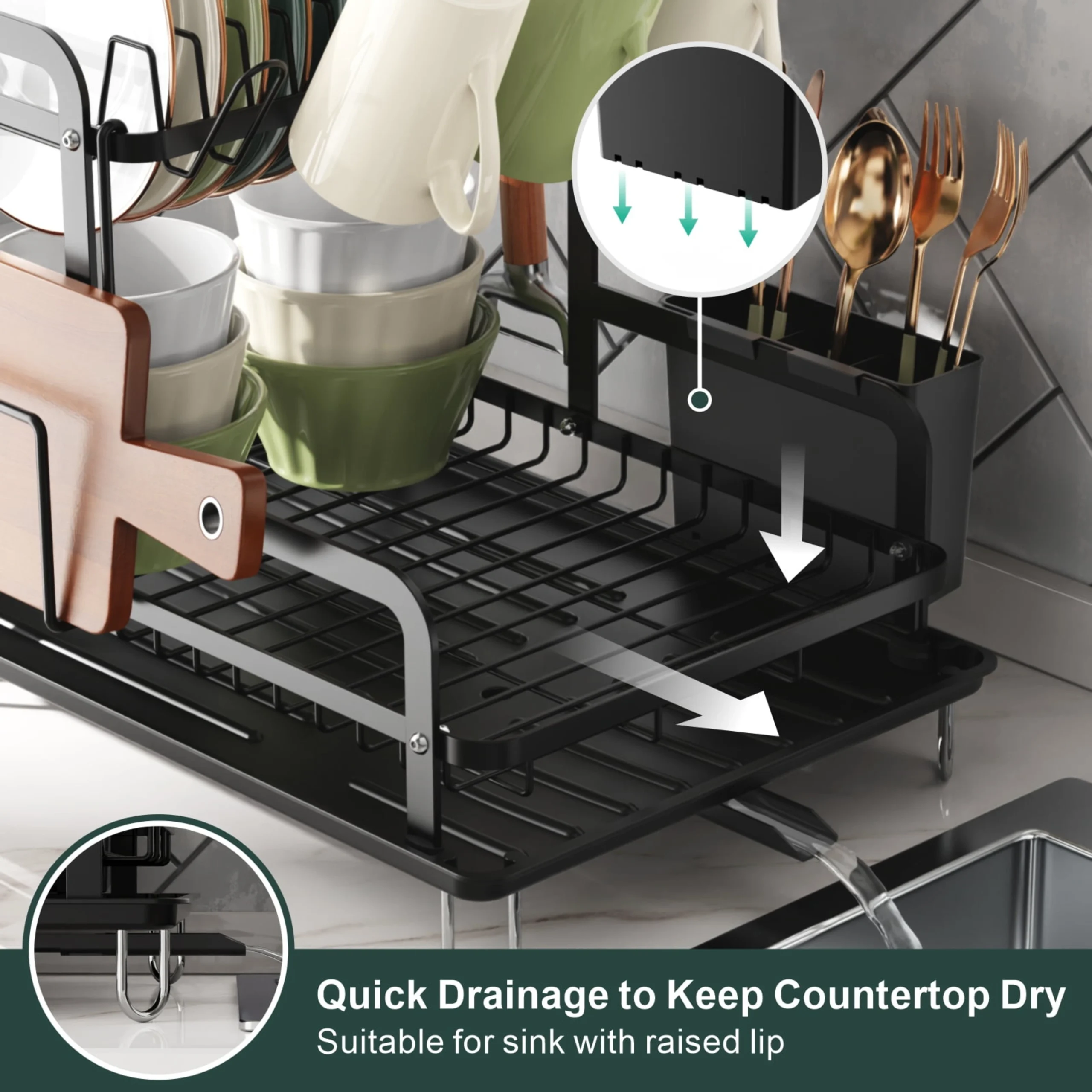 5 en 1 Égouttoir à Vaisselle 2 Niveaux Pliable en Acier Inoxydable avec Plateau D'égouttement