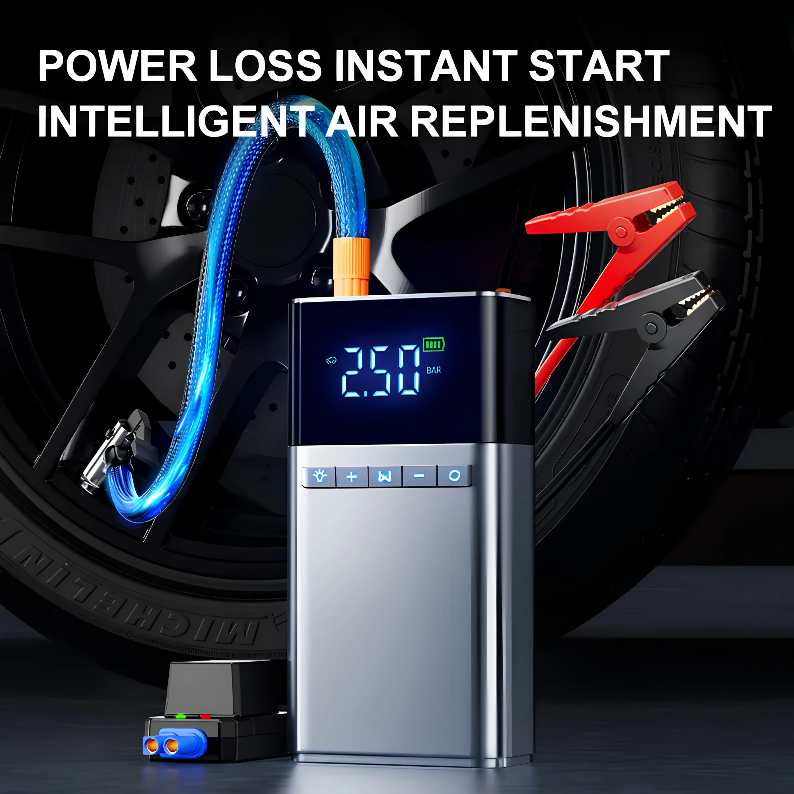 4 en 1 Démarreur de voiture , Pompe à Air Boîte 2000 A 12 V et chargeur portable LED pour moteurs essence et diesel