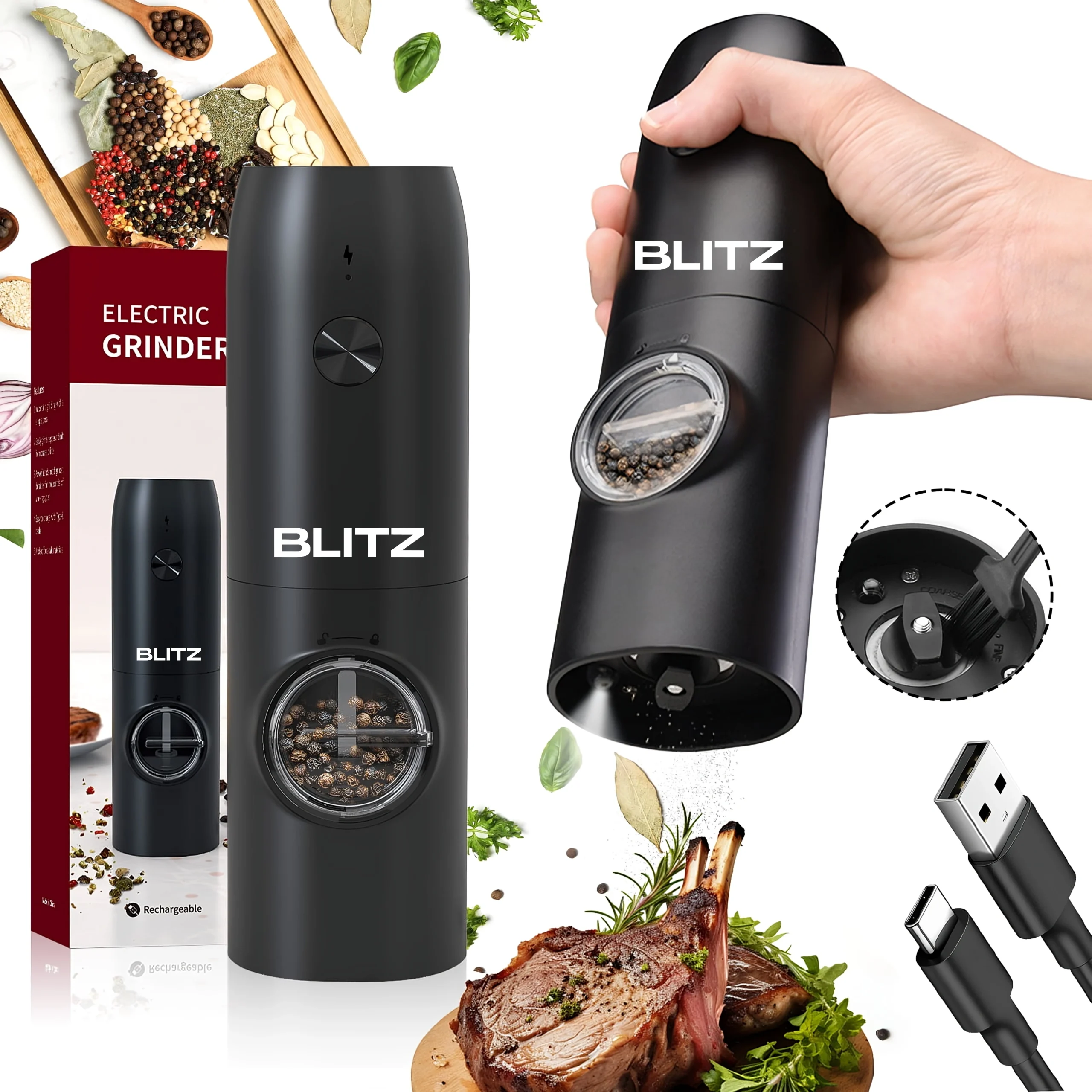 Blitz® - Moulin à Épices Électrique Multifonction Rechargeable avec Lumière LED