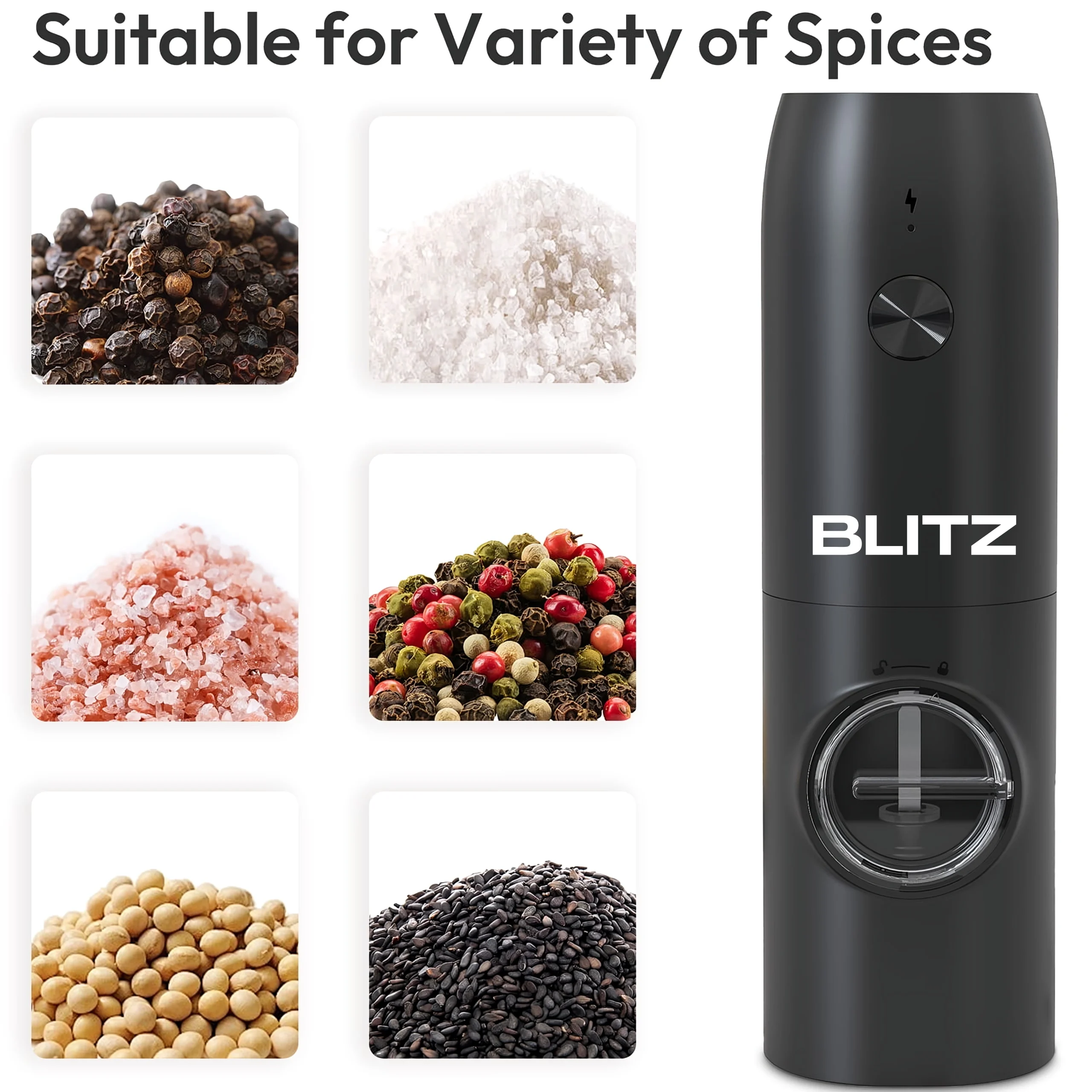 Blitz® - Moulin à Épices Électrique Multifonction Rechargeable avec Lumière LED