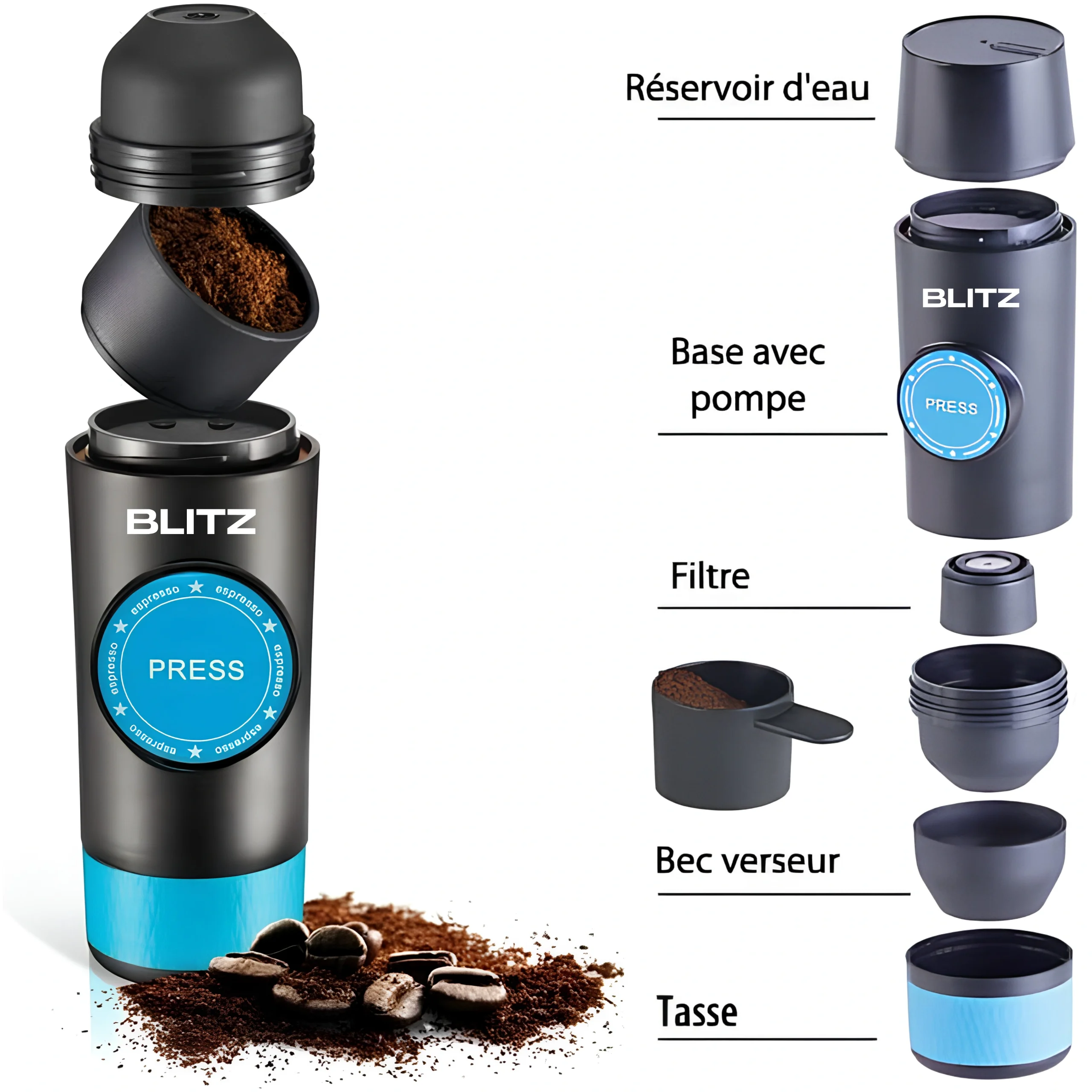 BLITZ - 4en1 Machine à café expresso Rechargeable portable sans fil, chauffante avec bac à poudre/capsule brassage automatique, batterie 8h