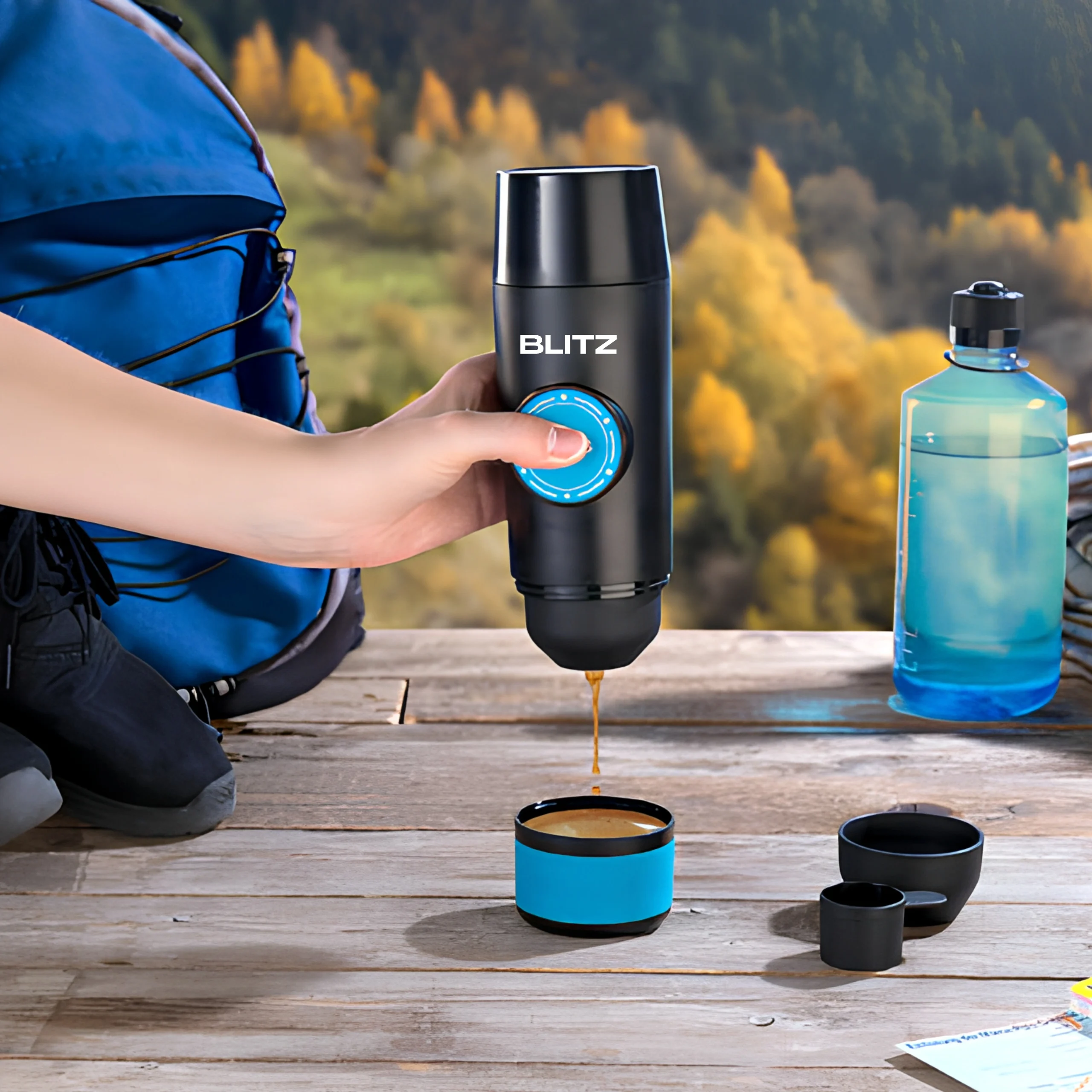 BLITZ - 4en1 Machine à café expresso Rechargeable portable sans fil, chauffante avec bac à poudre/capsule brassage automatique, batterie 8h