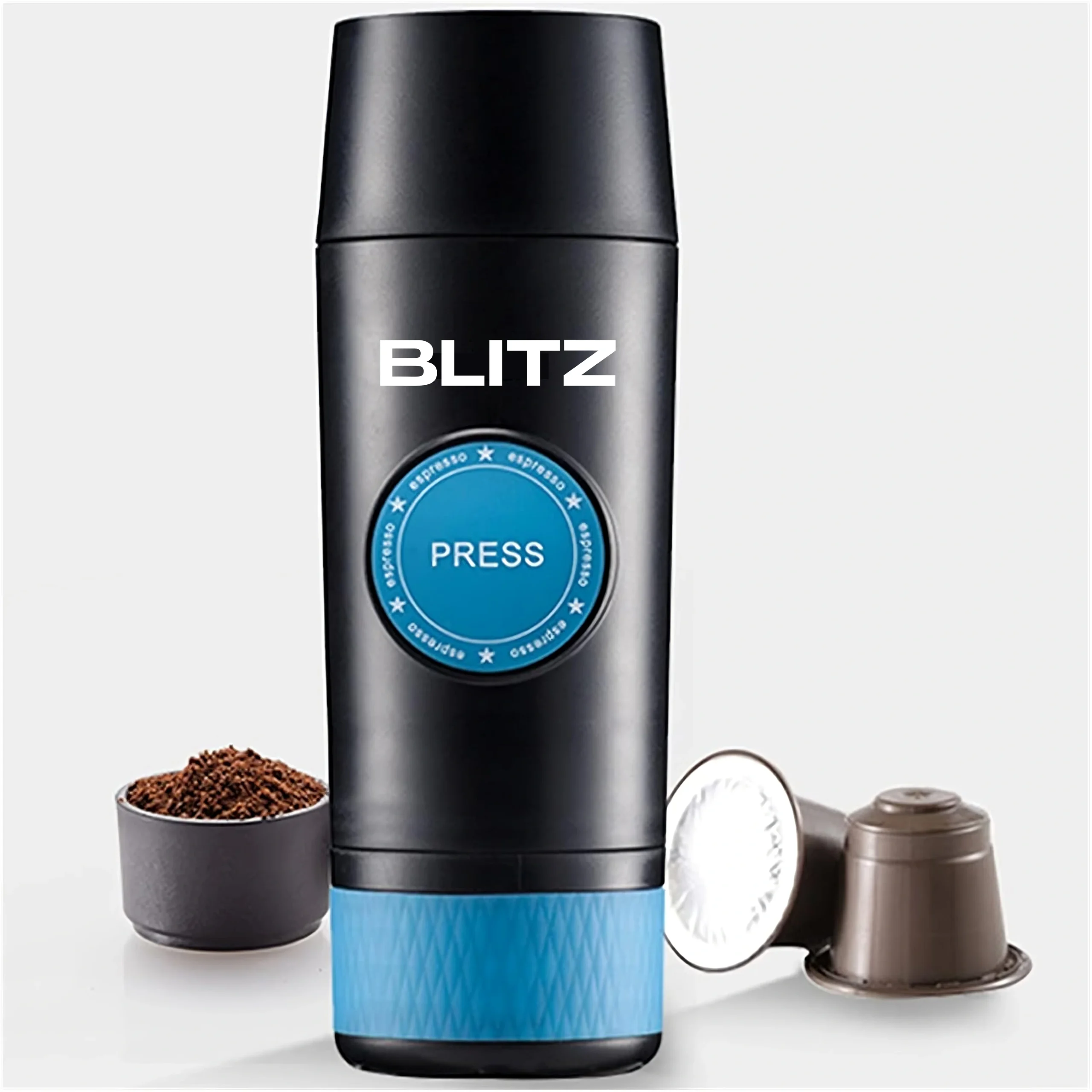 BLITZ - 4en1 Machine à café expresso Rechargeable portable sans fil, chauffante avec bac à poudre/capsule brassage automatique, batterie 8h