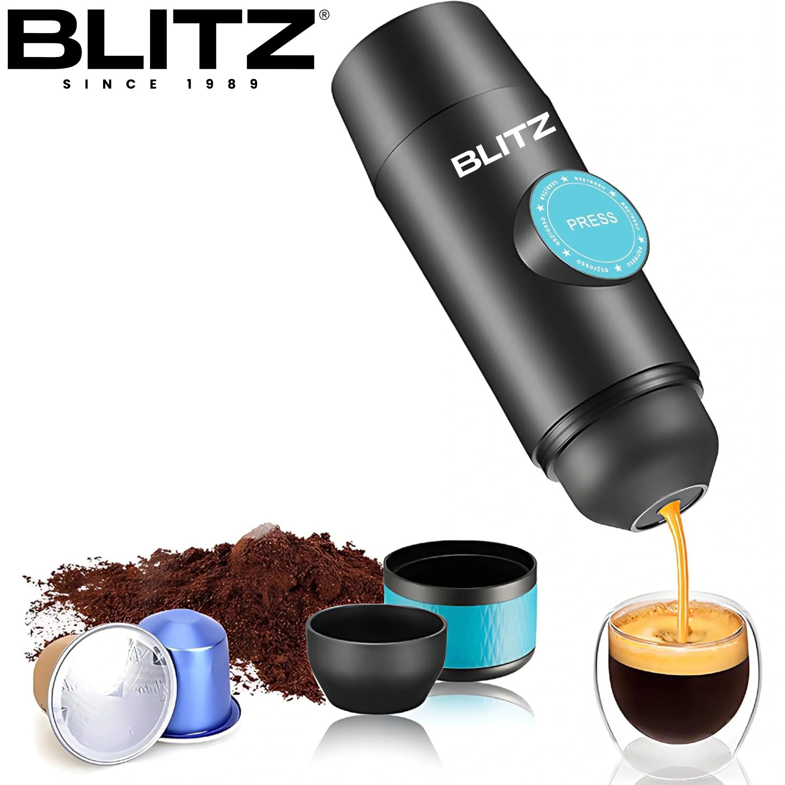BLITZ - 4en1 Machine à café expresso Rechargeable portable sans fil, chauffante avec bac à poudre/capsule brassage automatique, batterie 8h
