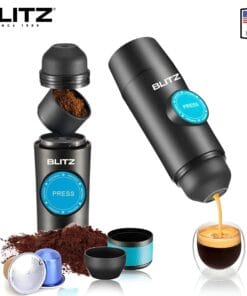 BLITZ - 4en1 Machine à café expresso Rechargeable portable sans fil, chauffante avec bac à poudre/capsule brassage automatique, batterie 8h