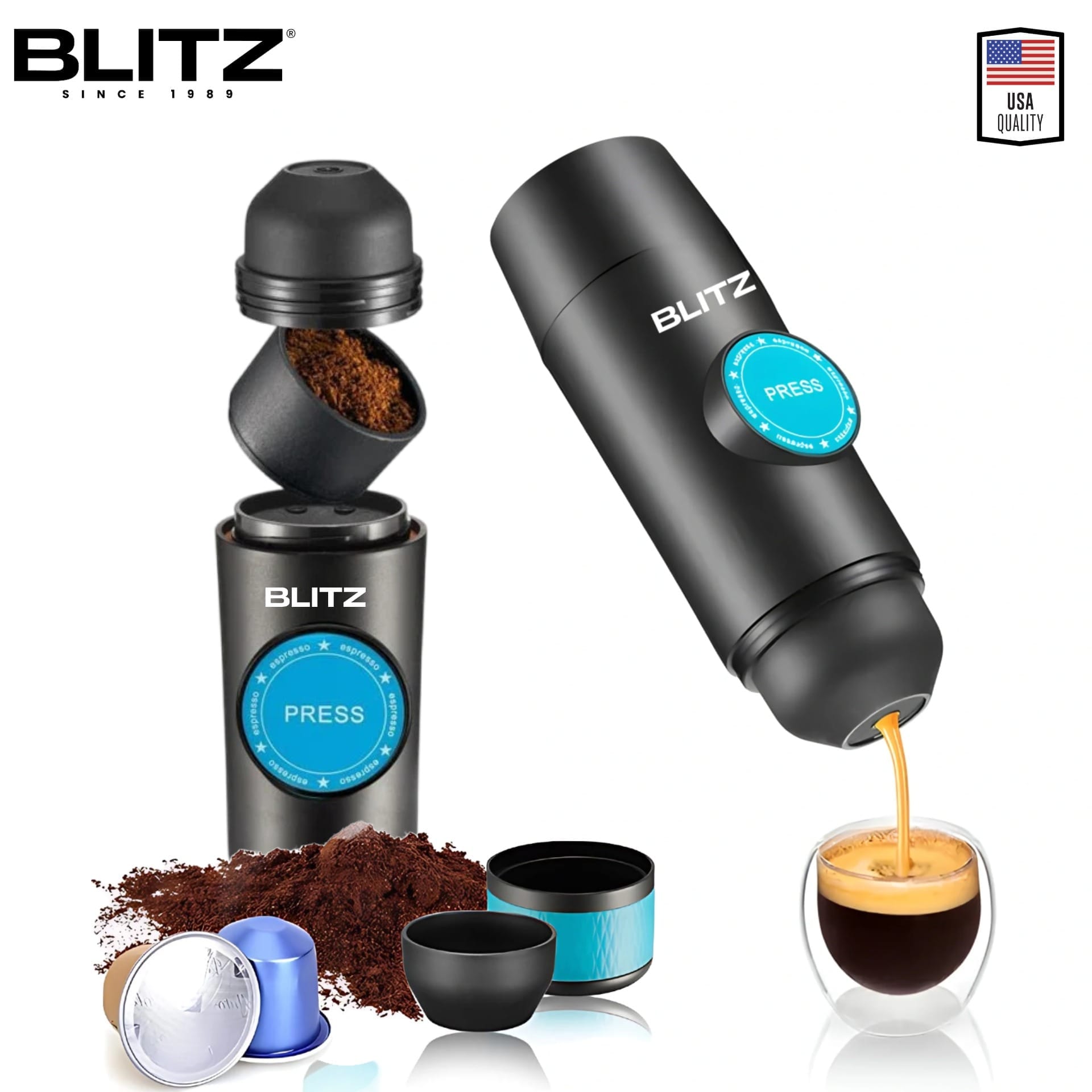 BLITZ - 4en1 Machine à café expresso Rechargeable portable sans fil, chauffante avec bac à poudre/capsule brassage automatique, batterie 8h