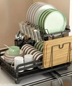 5 en 1 Égouttoir à Vaisselle 2 Niveaux Pliable en Acier Inoxydable avec Plateau D'égouttement - Égouttoir Noir