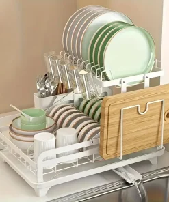 5 en 1 Égouttoir à Vaisselle 2 Niveaux Pliable en Acier Inoxydable avec Plateau D'égouttement - Égouttoir Blanc