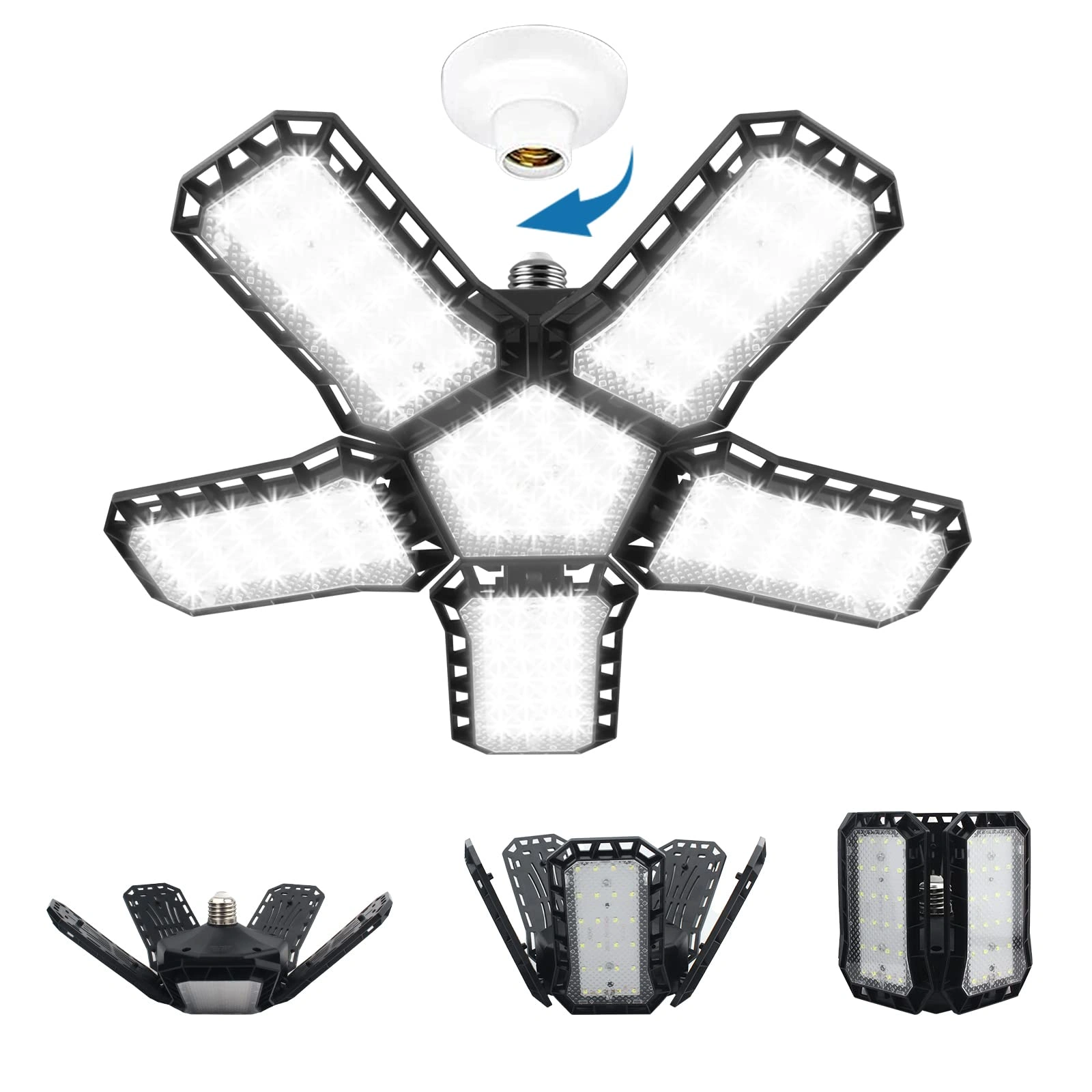 Lumière de Garage LED 5 En 1 Déformable 120W  Éclairage Ultra-Lumineux avec Panneaux Réglables – E27 6500K