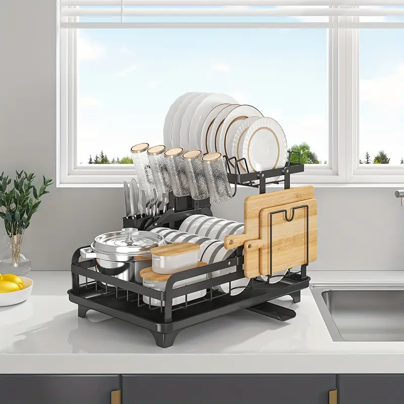 5 en 1 Égouttoir à Vaisselle 2 Niveaux Pliable en Acier Inoxydable avec Plateau D'égouttement