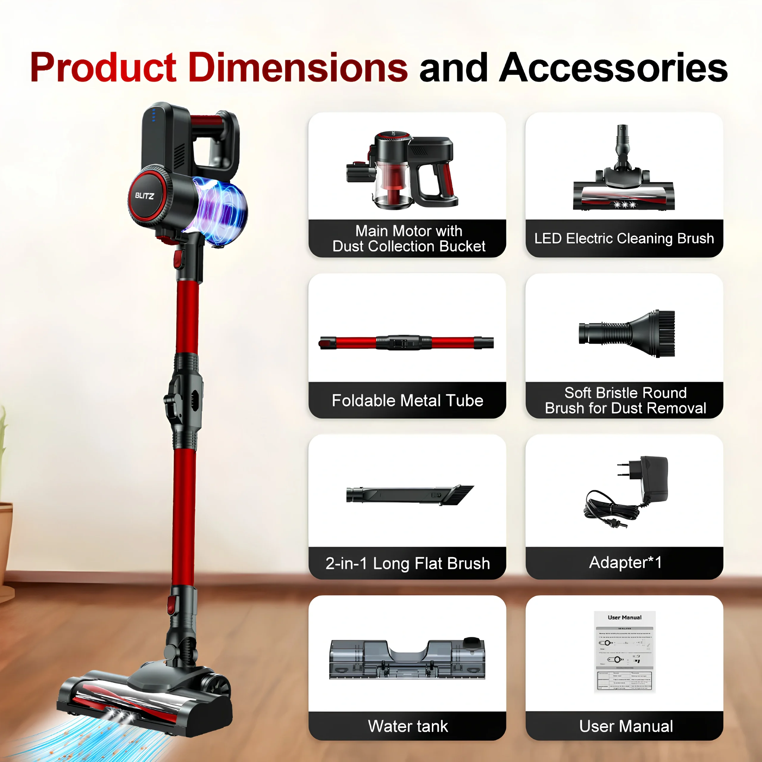 Blitz® - 5 En 1 Aspirateur Balai Sans Fil Puissant 30Kpa Léger Et Silencieux Avec Eclairage LED