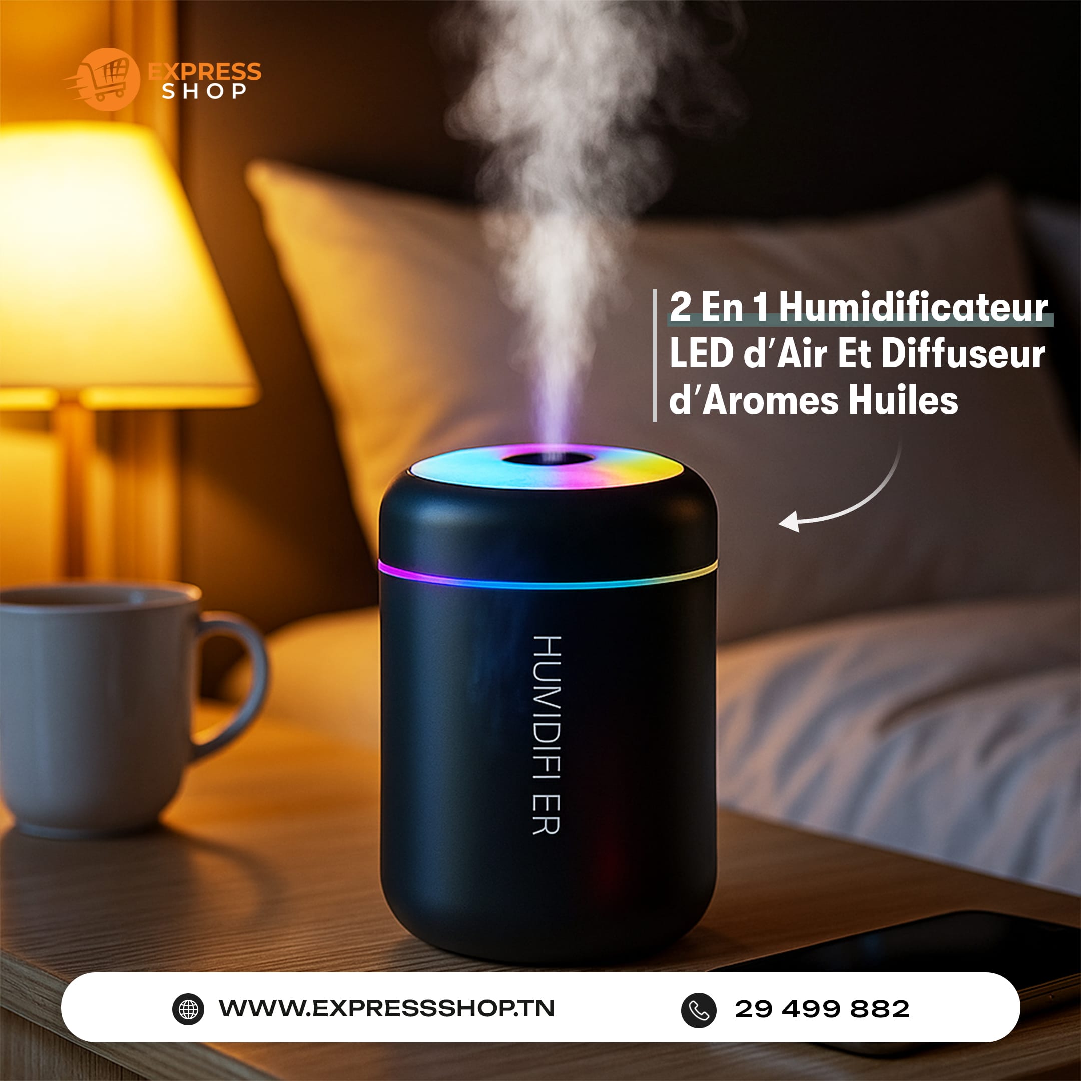 2 En 1 Humidificateur d'Air Et Diffuseur d'Arômes Huiles Essentielles 180ml Avec Lumière LED Pour Maison Et Voiture