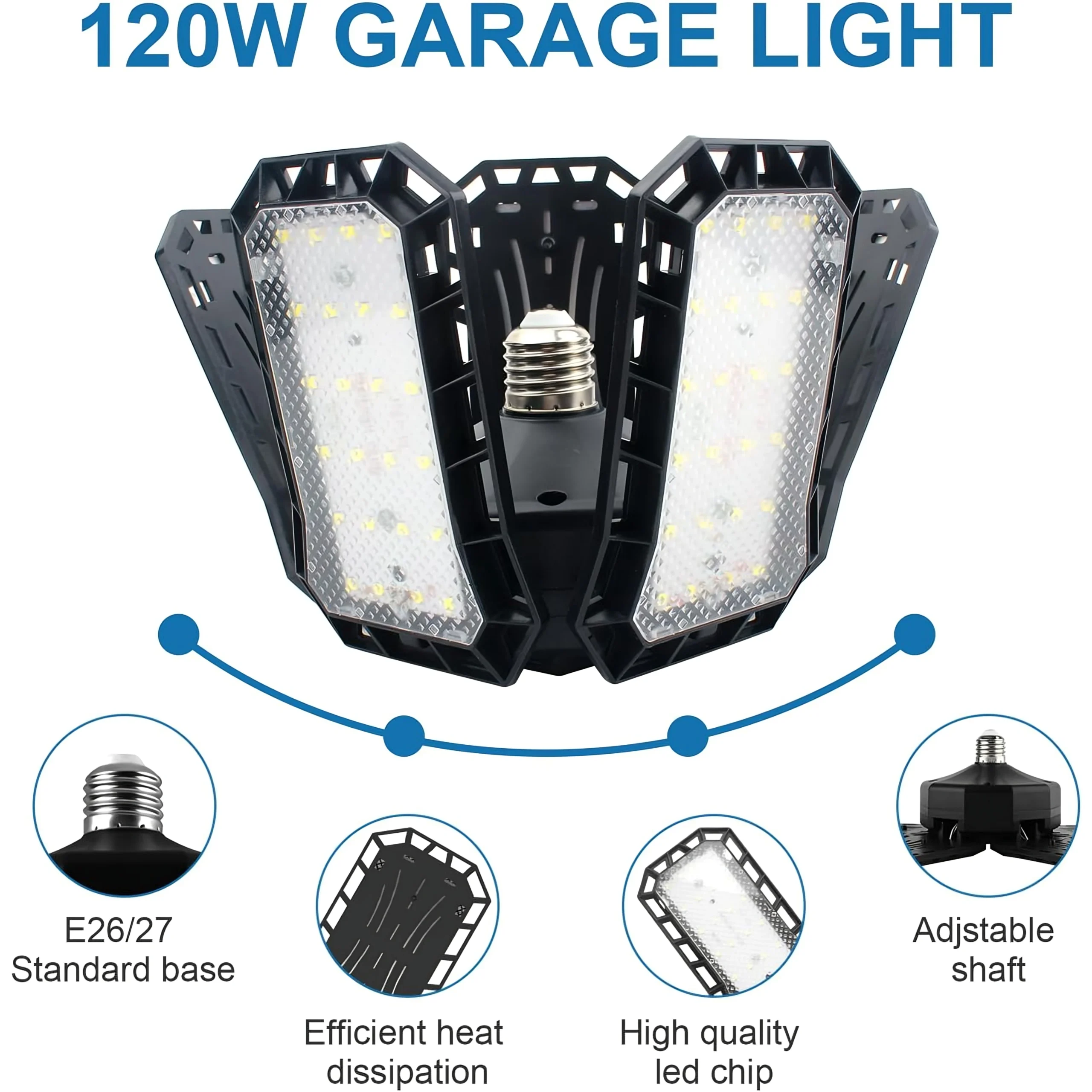Lumière de Garage LED 5 En 1 Déformable 120W  Éclairage Ultra-Lumineux avec Panneaux Réglables – E27 6500K
