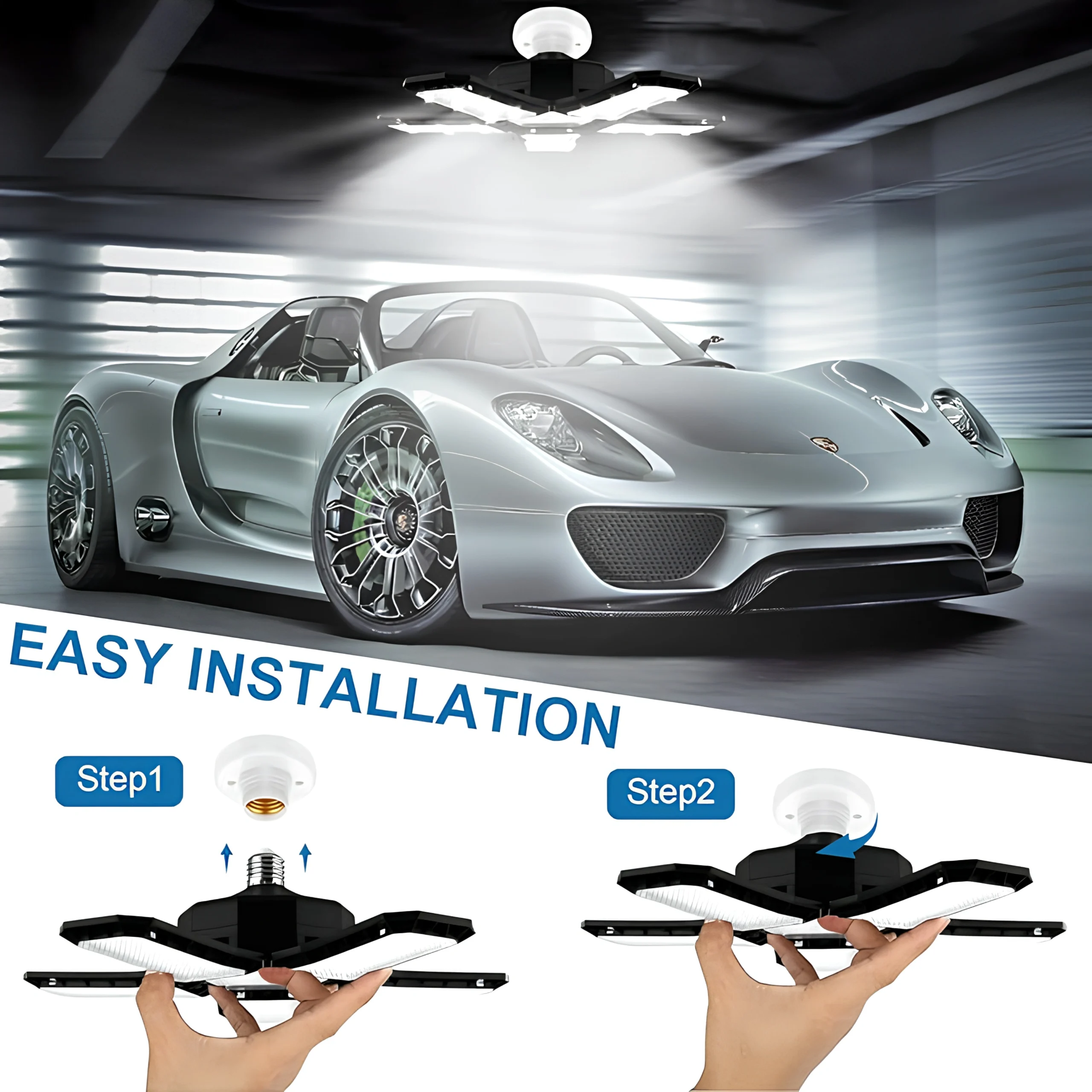 Lumière de Garage LED 5 En 1 Déformable 120W  Éclairage Ultra-Lumineux avec Panneaux Réglables – E27 6500K