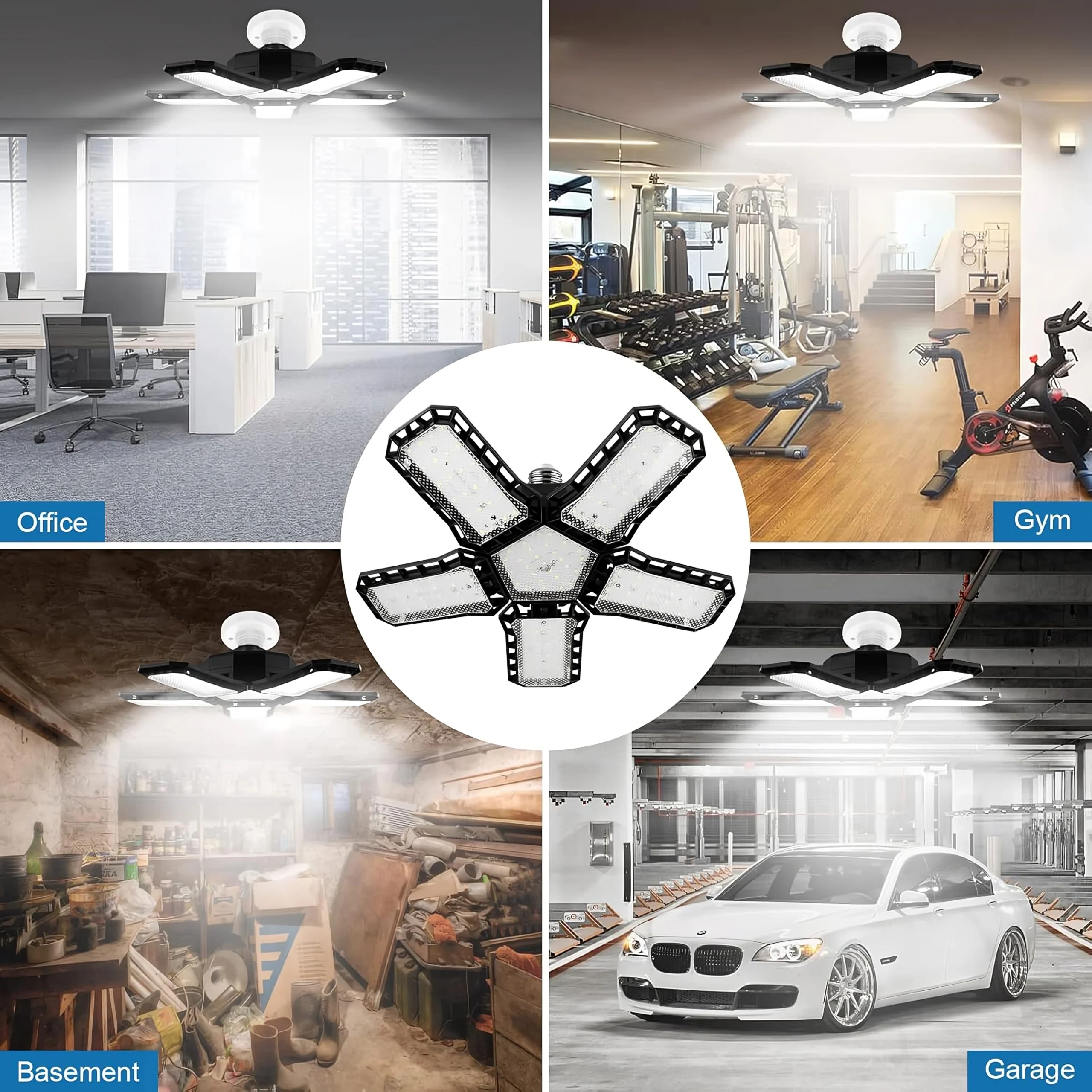 Lumière de Garage LED 5 En 1 Déformable 120W  Éclairage Ultra-Lumineux avec Panneaux Réglables – E27 6500K