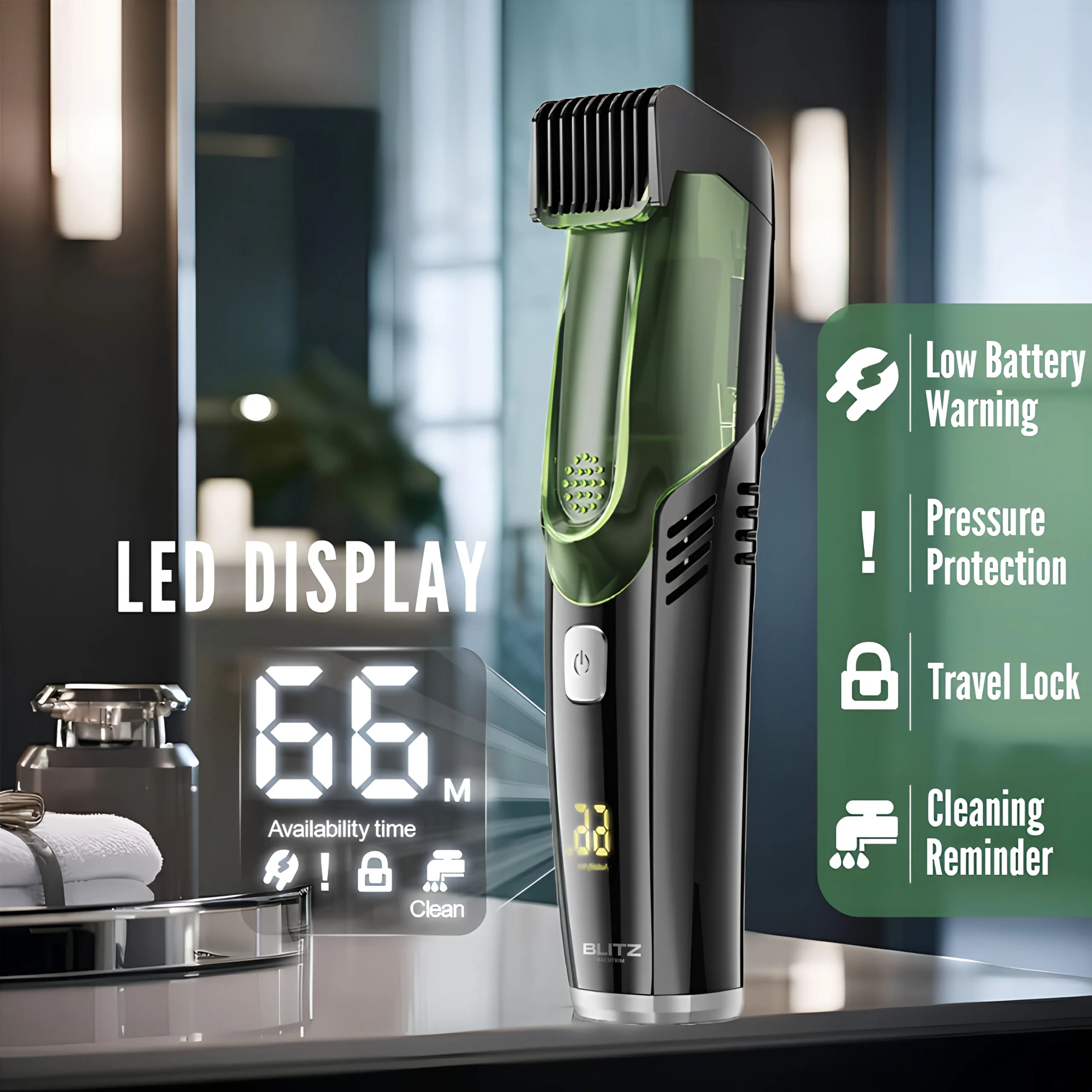 Blitz® -2 En 1 Tondeuse sans fil avec Aspiration Intégrée Rechargeable et Étanche Pour Un Rasage Propre et Précis