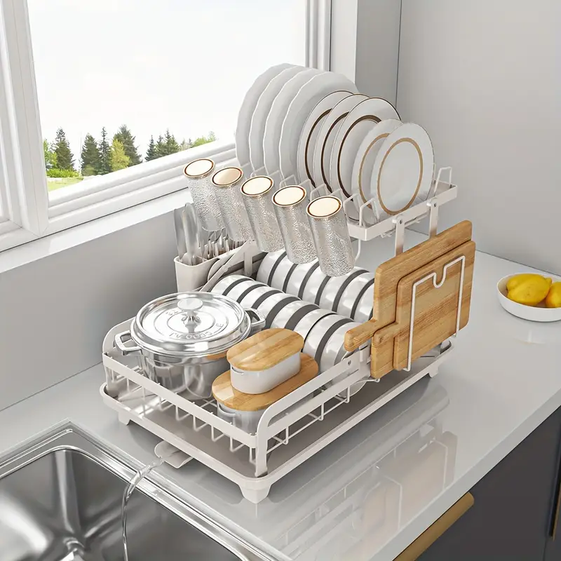 5 en 1 Égouttoir à Vaisselle 2 Niveaux Pliable en Acier Inoxydable avec Plateau D'égouttement