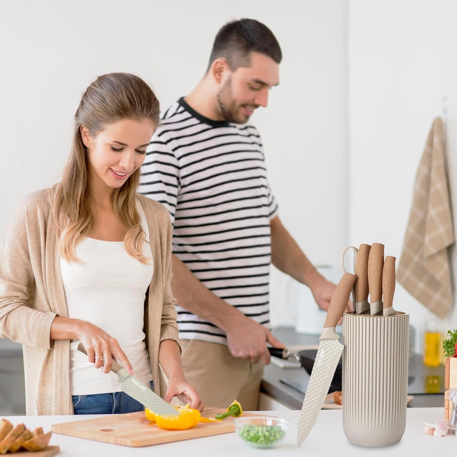 Set de 5 Couteaux de Cuisine en Acier Inoxydable avec Support | Lames Anti-Rouille Ultra-Tranchantes