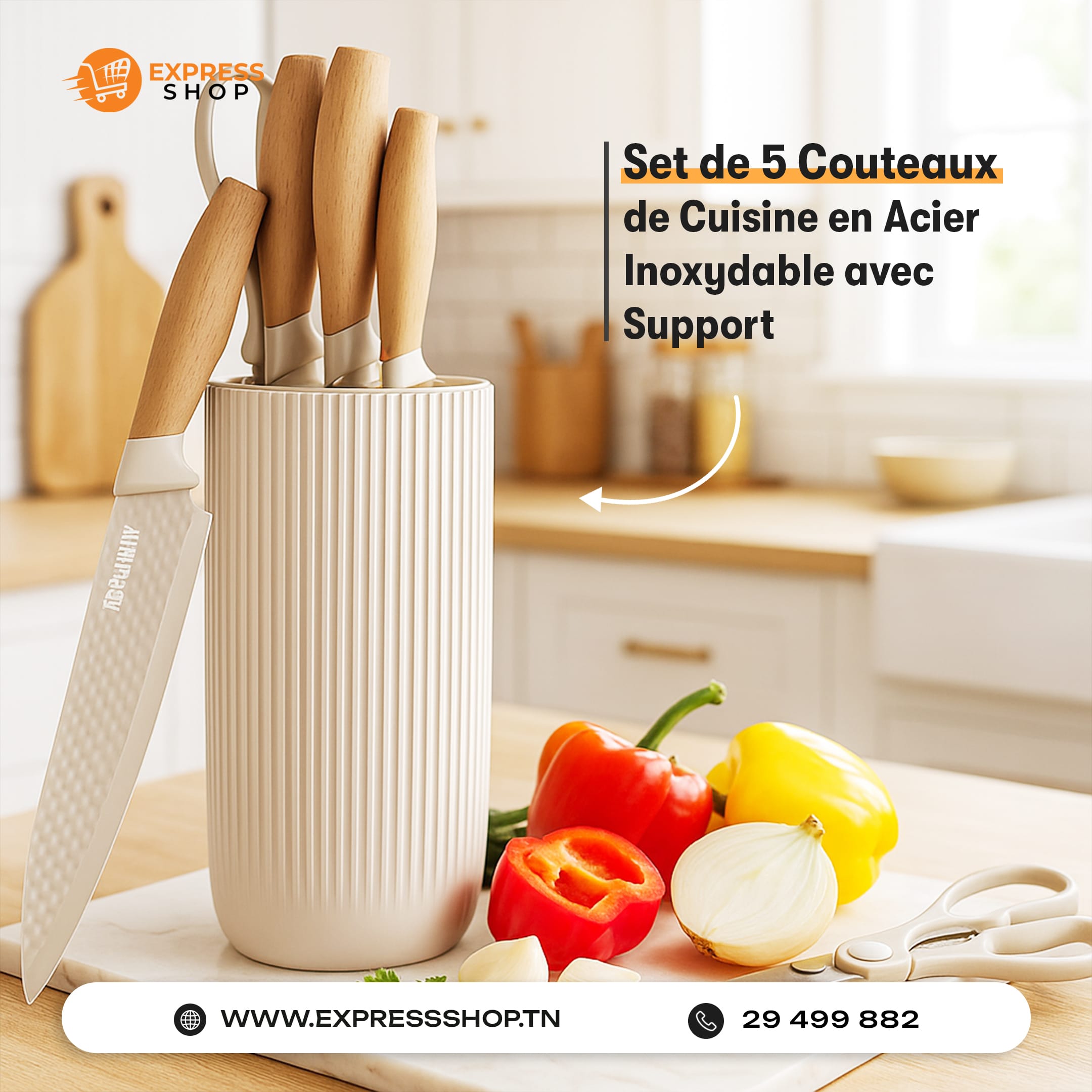 Set de 5 Couteaux de Cuisine en Acier Inoxydable avec Support | Lames Anti-Rouille Ultra-Tranchantes