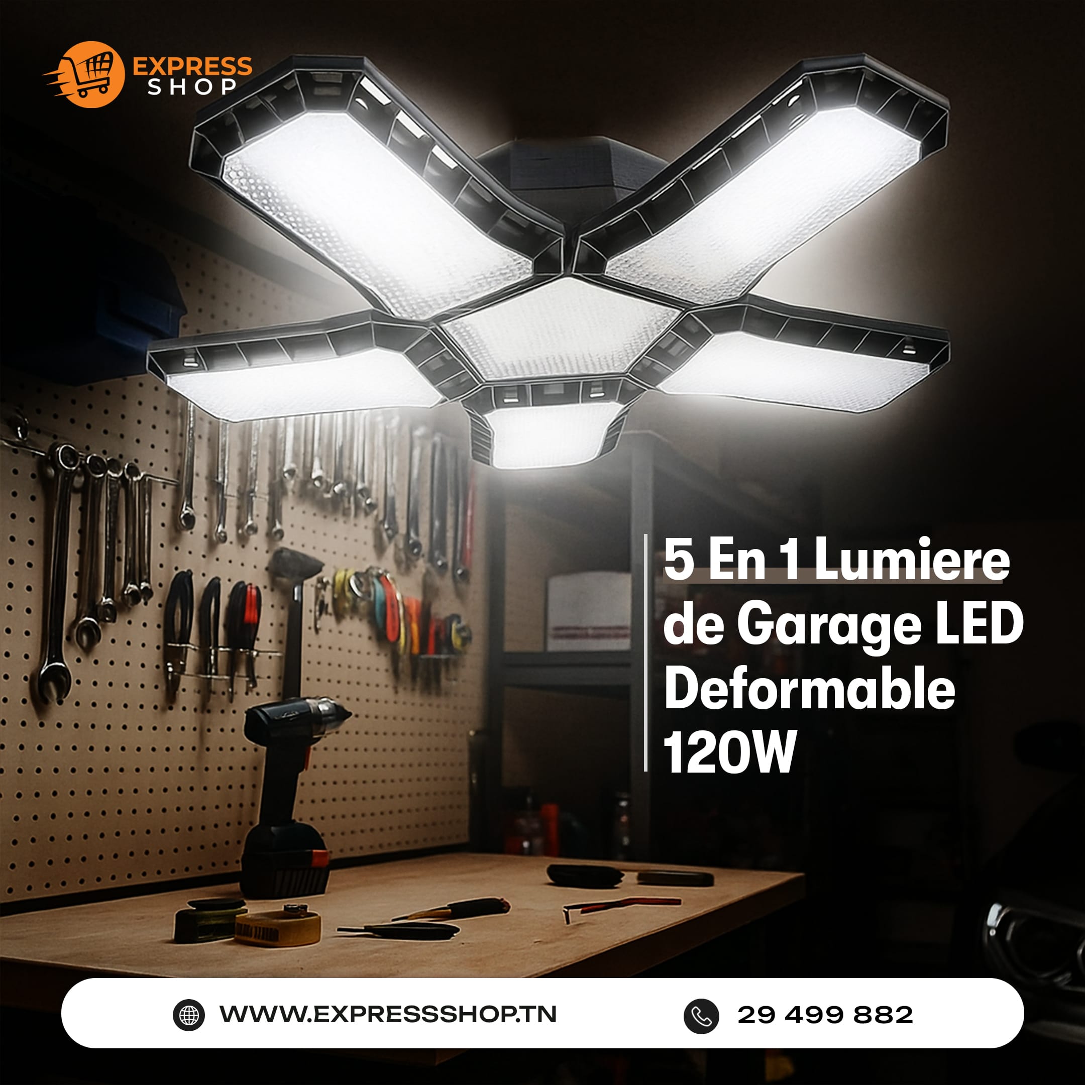 Lumière de Garage LED 5 En 1 Déformable 120W  Éclairage Ultra-Lumineux avec Panneaux Réglables – E27 6500K
