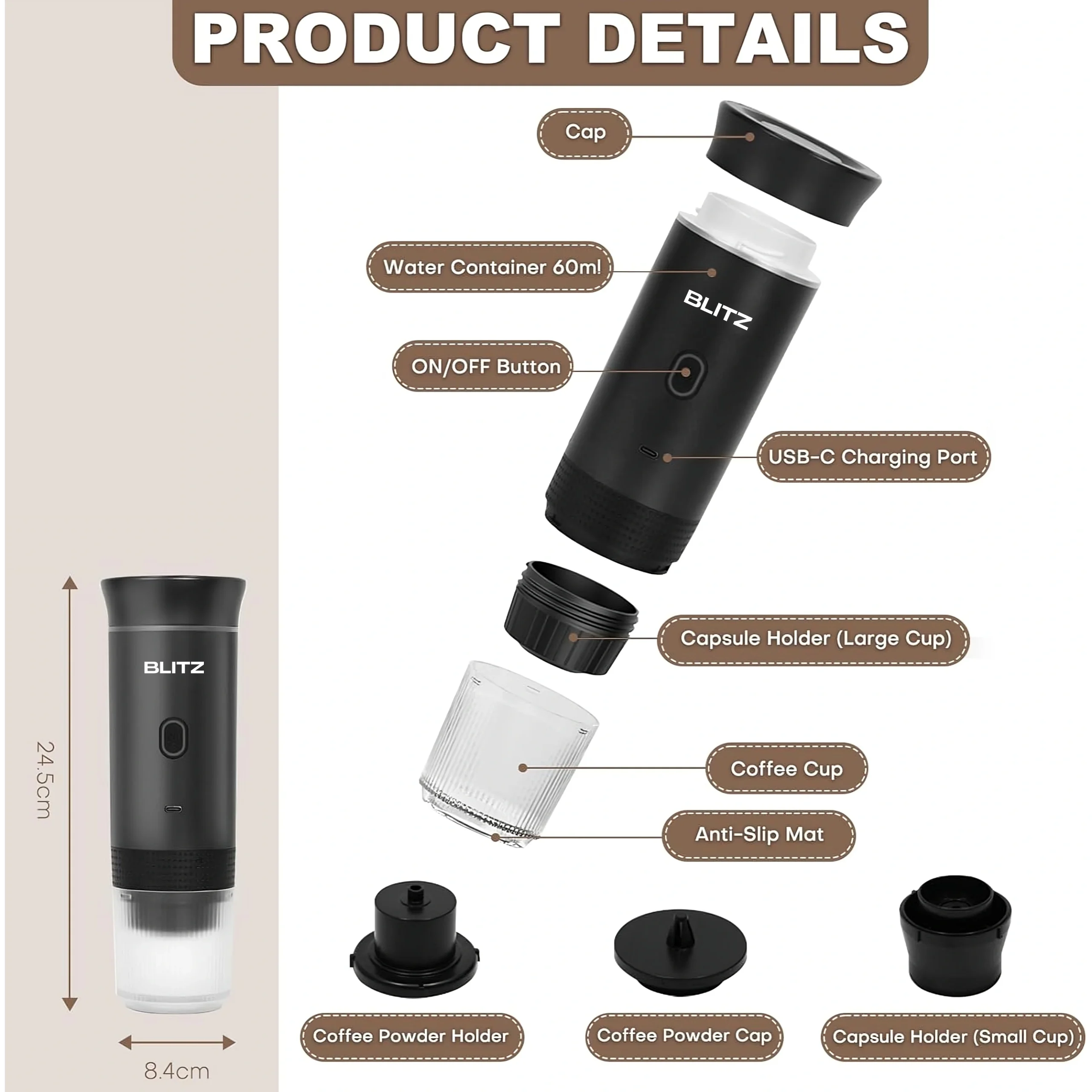 Blitz® - 3 En 1 Machine à Café Espresso Portable Et Rechargeable Avec Chauffage Intégré