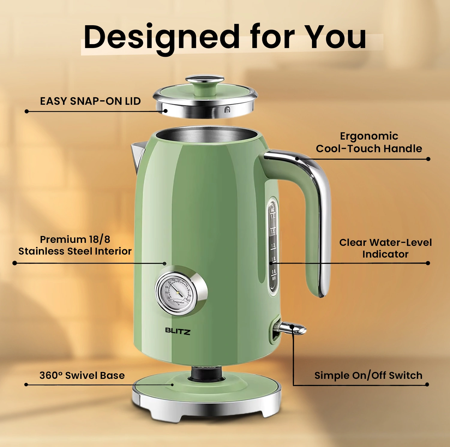 Blitz® - Bouilloire Électrique Rétro En Acier Inoxydable À Ébullition Rapide De 2200 W Et Capacité De 1,7L