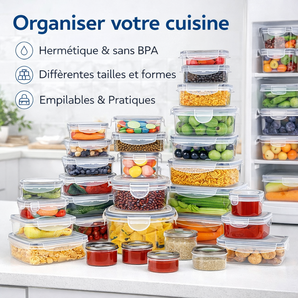 Blitz - Lots de 48 pcs Boîtes de Rangement Réfrigérateur Alimentaire Transparent Cuisine & Placards (24 Boîtes + 24 Couvercles)