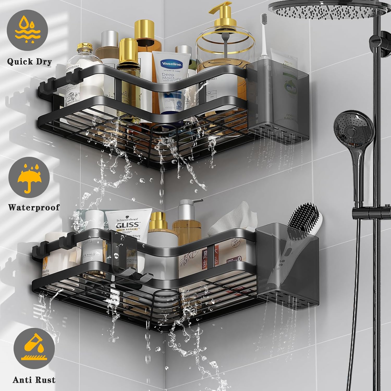 BNBR-9- 9en1 Set de 2 Étagères douche d'angle sans perçage INOX rangement salle de bain