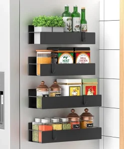 BNBR-8 - Lot de 4 Étagères Magnétiques INOX avec Crochets Rangement Pratique Cuisine Salle de Bain Réfrigérateur