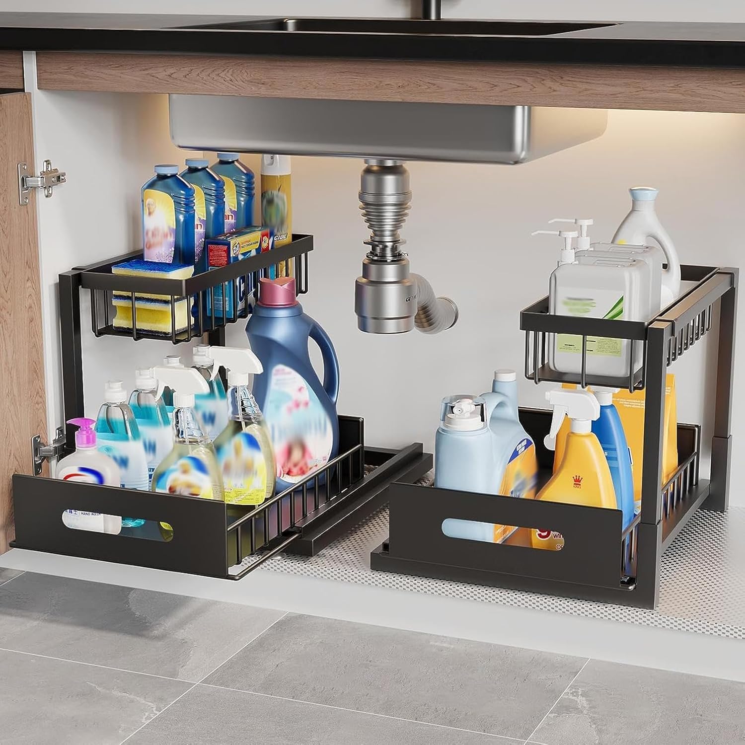 BNBR-2 - 4en1 Organisateur sous évier coulissant 2 niveaux robuste INOX cuisine salle de bain (2 pcs)