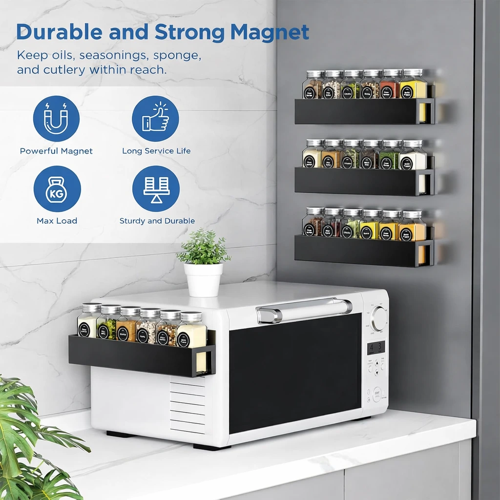 BNBR-8 - Lot de 4 Étagères Magnétiques INOX avec Crochets Rangement Pratique Cuisine Salle de Bain Réfrigérateur