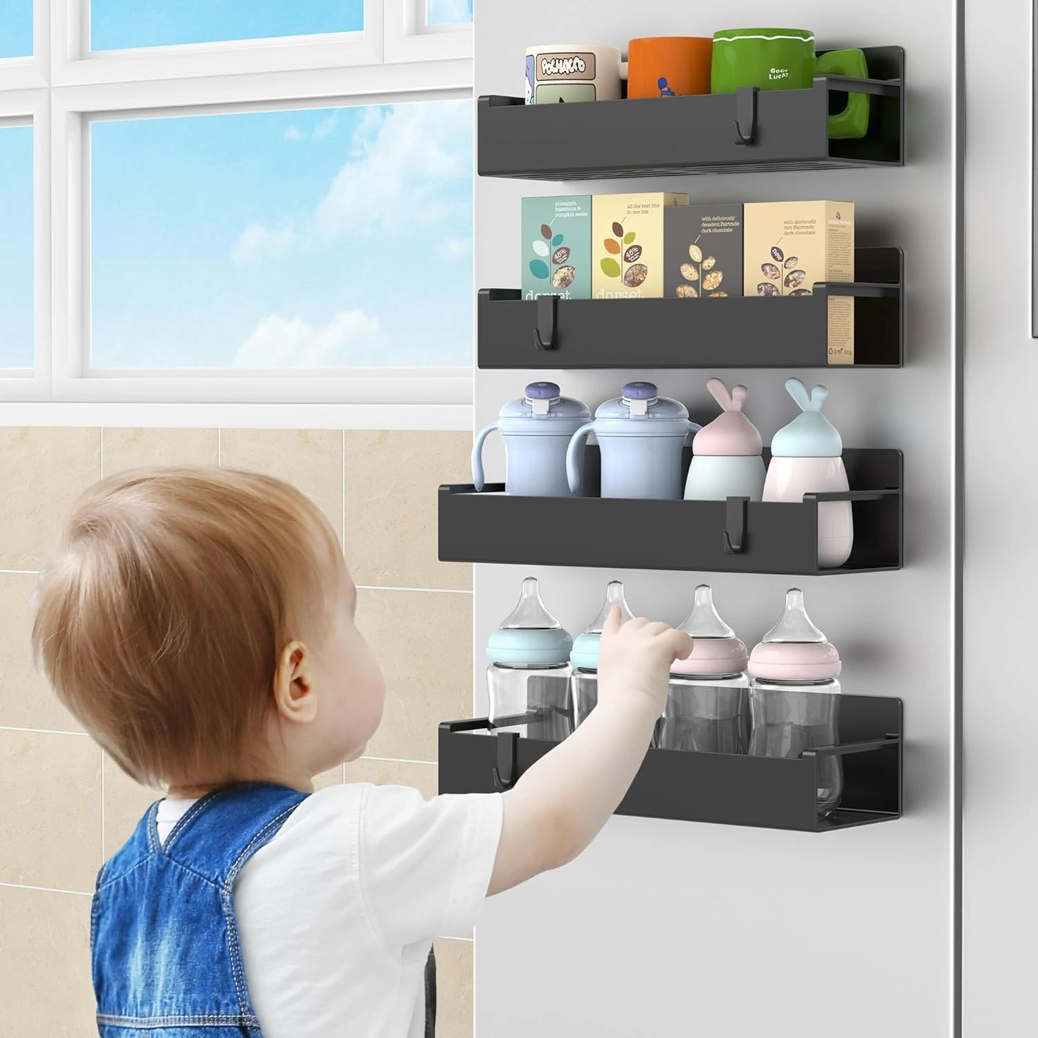 BNBR-8 - Lot de 4 Étagères Magnétiques INOX avec Crochets Rangement Pratique Cuisine Salle de Bain Réfrigérateur