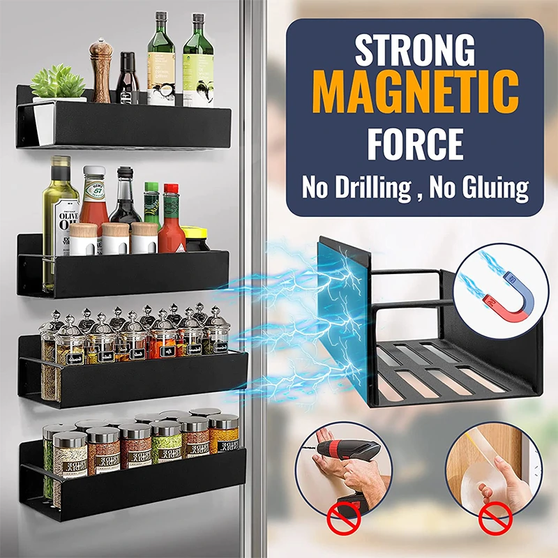 BNBR-8 - Lot de 4 Étagères Magnétiques INOX avec Crochets Rangement Pratique Cuisine Salle de Bain Réfrigérateur
