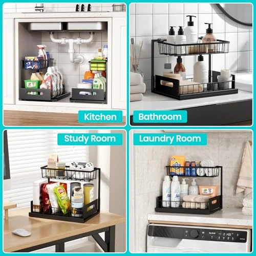 BNBR-2 - 4en1 Organisateur sous évier coulissant 2 niveaux robuste INOX cuisine salle de bain (2 pcs)