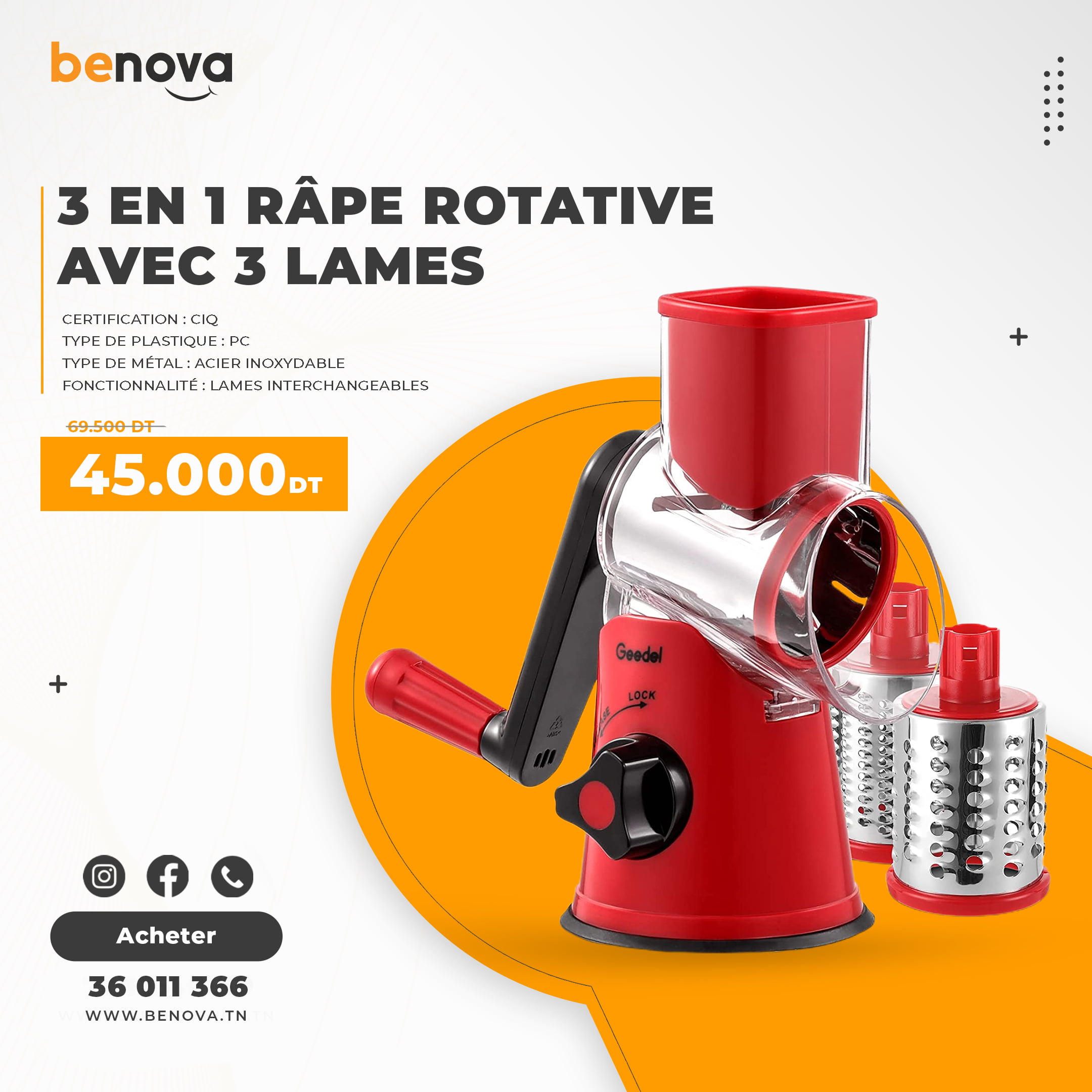 Râpe à Fromage Rotative Avec Poignée - 3 Lames Interchangeables, Acier Inoxydable, Sécurisée Et Facile à Nettoyer