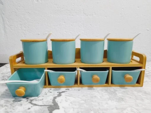 Set de 8 Pots à épices en céramique avec support en bois